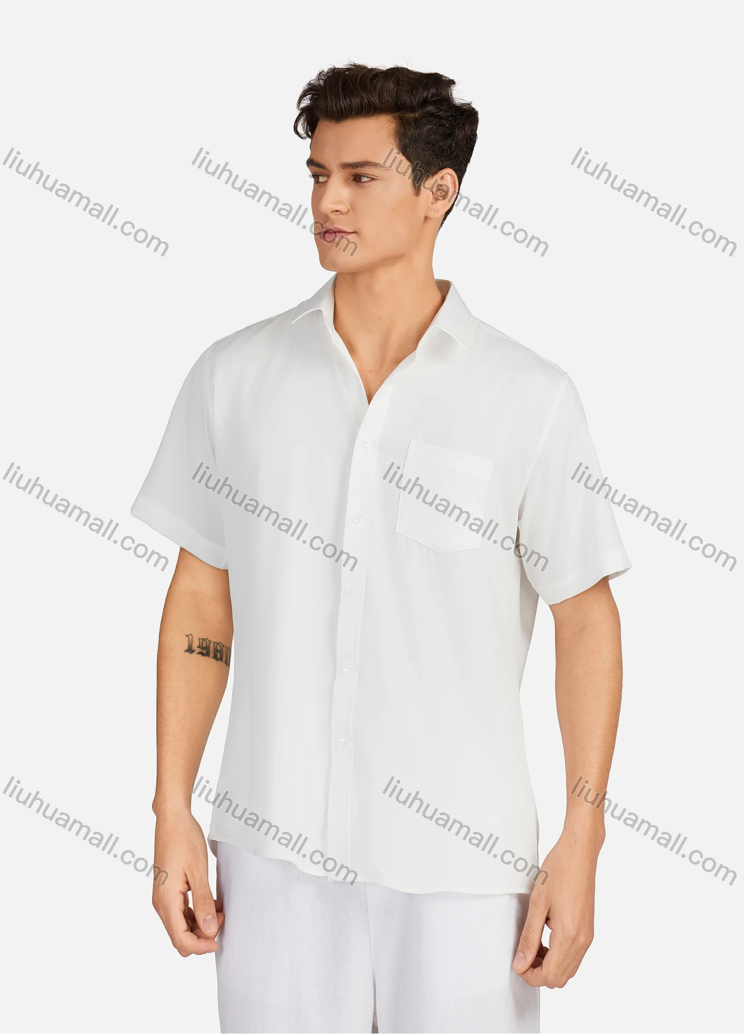 Wholesale Men's Casual Plain Collared Patch Pocket Button Down Short Sleeve Shirts - Liuhuamall