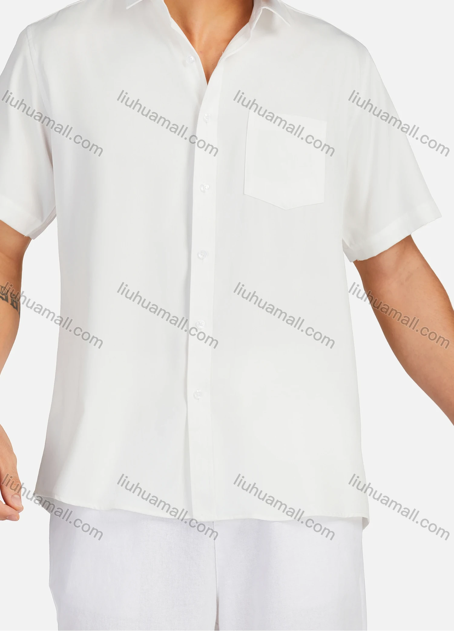 Wholesale Men's Casual Plain Collared Patch Pocket Button Down Short Sleeve Shirts - Liuhuamall