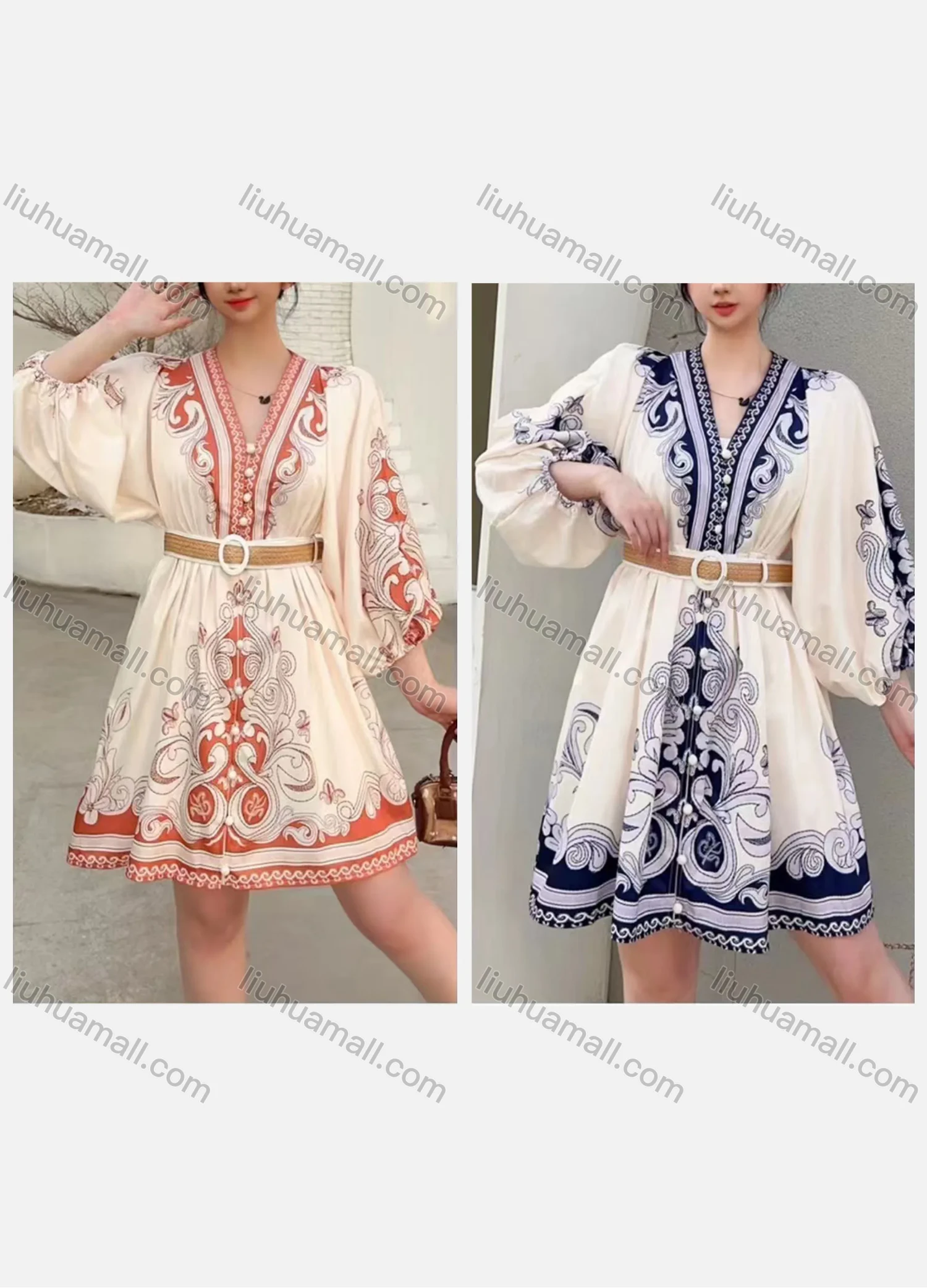 Wholesale Women's Casual Folk Art V Neck Ruched Button Front 3/4 Sleeve Short Dress With Belt - Liuhuamall