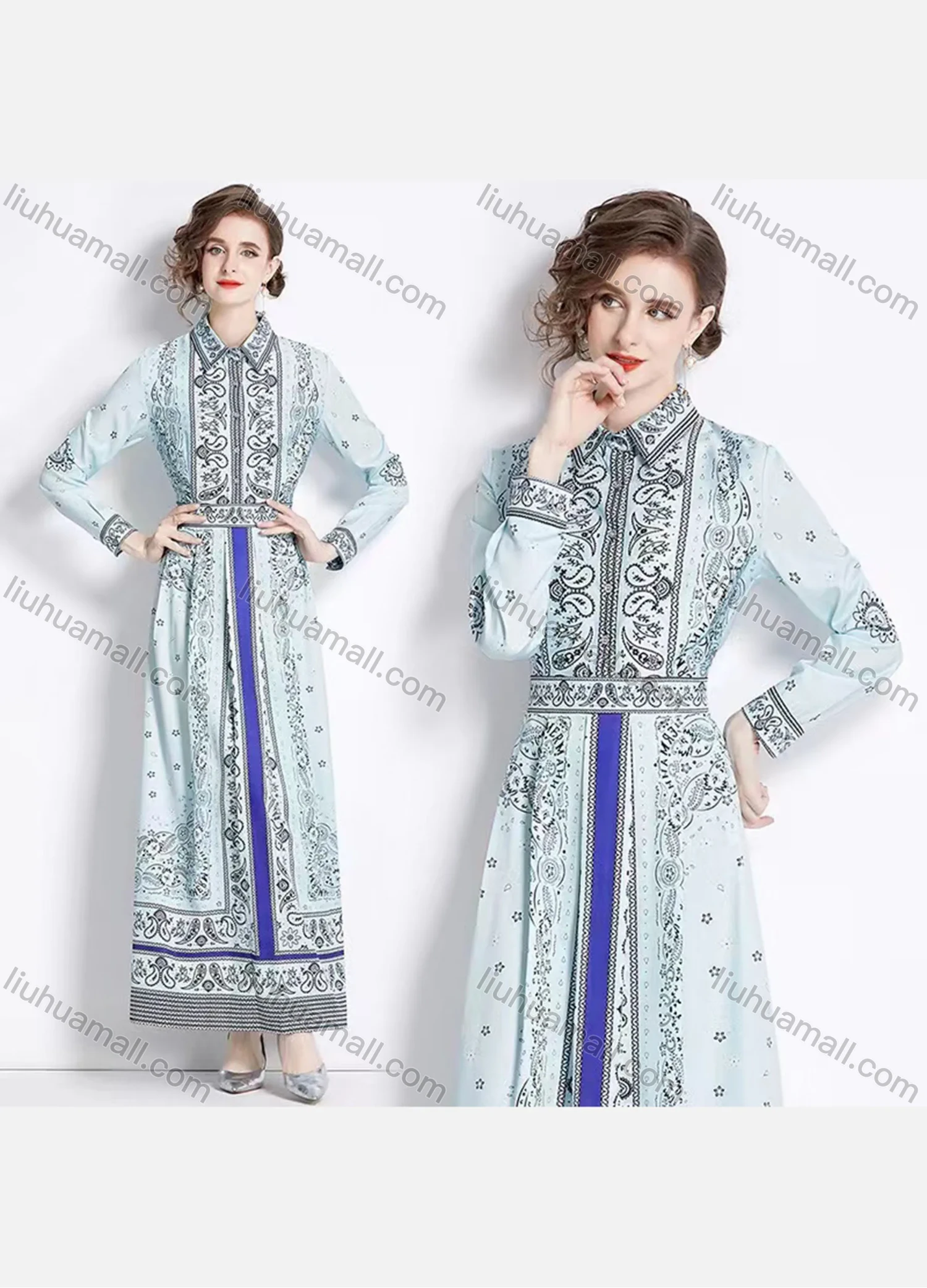 Wholesale Women's Fashion Allover Print Paisley Ruched Collared Button Front Long Sleeve Maxi Dress - Liuhuamall
