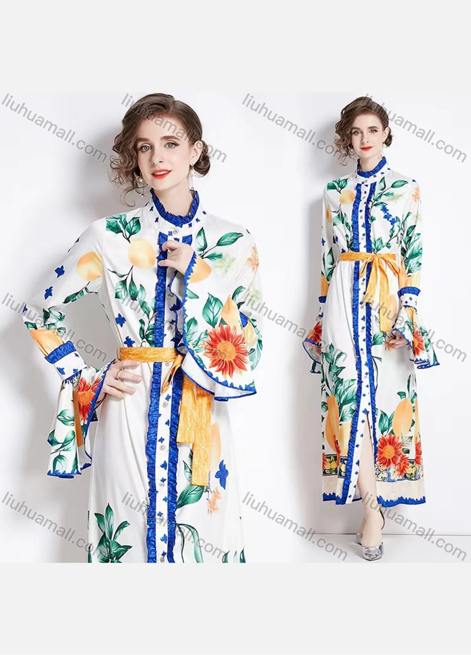 Wholesale Women's Elegant Floral Leaf Mock Neck Ruffle Trim Ruched Button Down Long Sleeve Maxi Dress With Belt - Liuhuamall