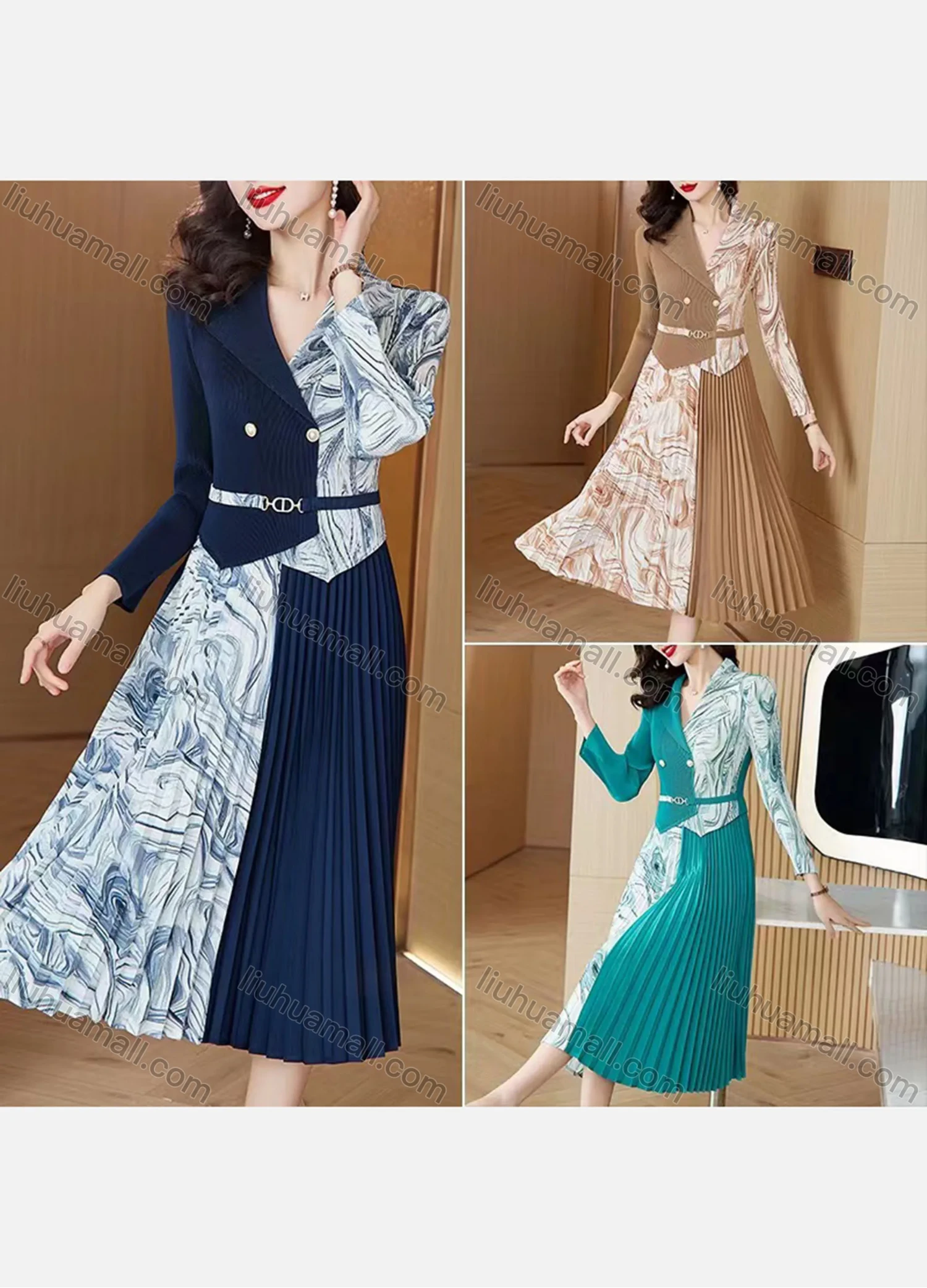Wholesale Women's Elegant Marble Lapel Pleated Splicing Double Breasted Long Sleeve Midi Dress With Belt - Liuhuamall