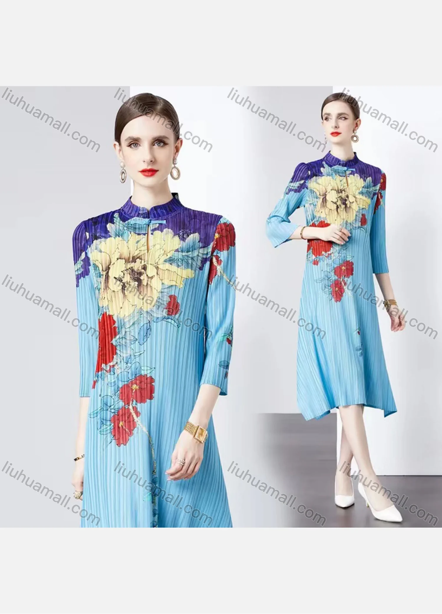 Wholesale Women's Fashion Floral Ruffle Trim Mock Neck Pleated Asymmetrical Hem 3/4 Sleeve Midi Dress - Liuhuamall