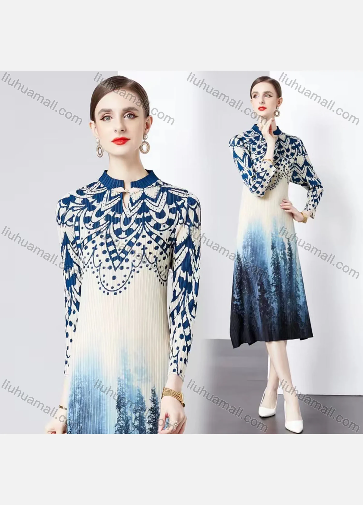 Wholesale Women's Fashion Floral Ruffle Trim Mock Neck Pleated Asymmetrical Hem 3/4 Sleeve Midi Dress - Liuhuamall