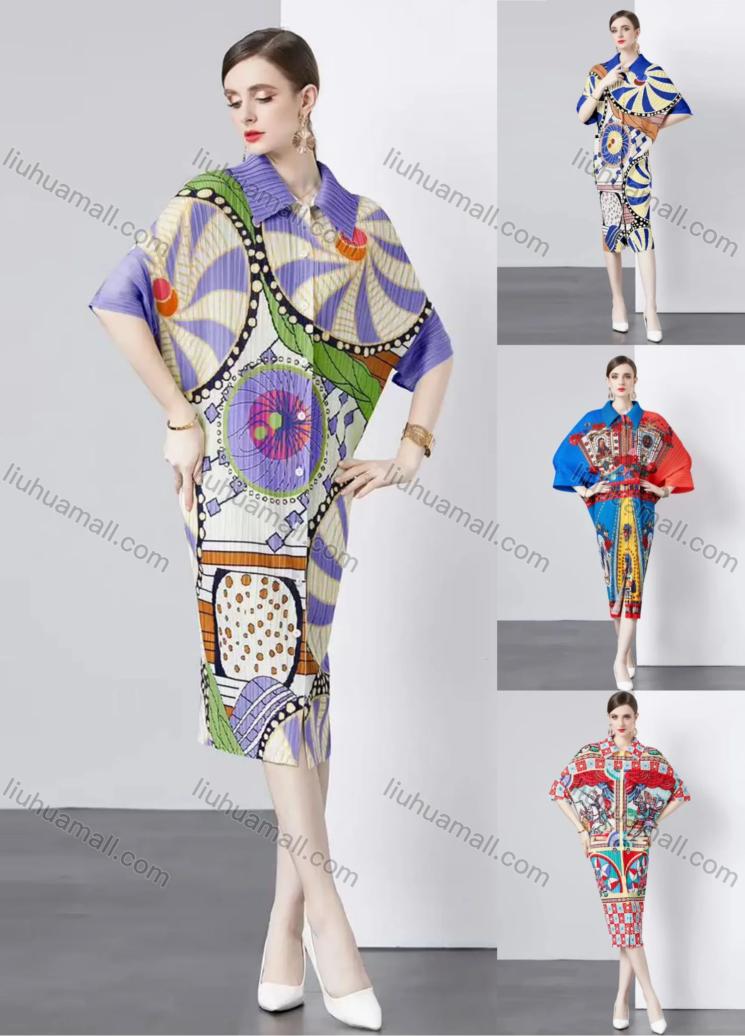 Wholesale Women's Casual Allover Print Graphic Collared Button Down Pleated Half Sleeve Midi Dress - Liuhuamall
