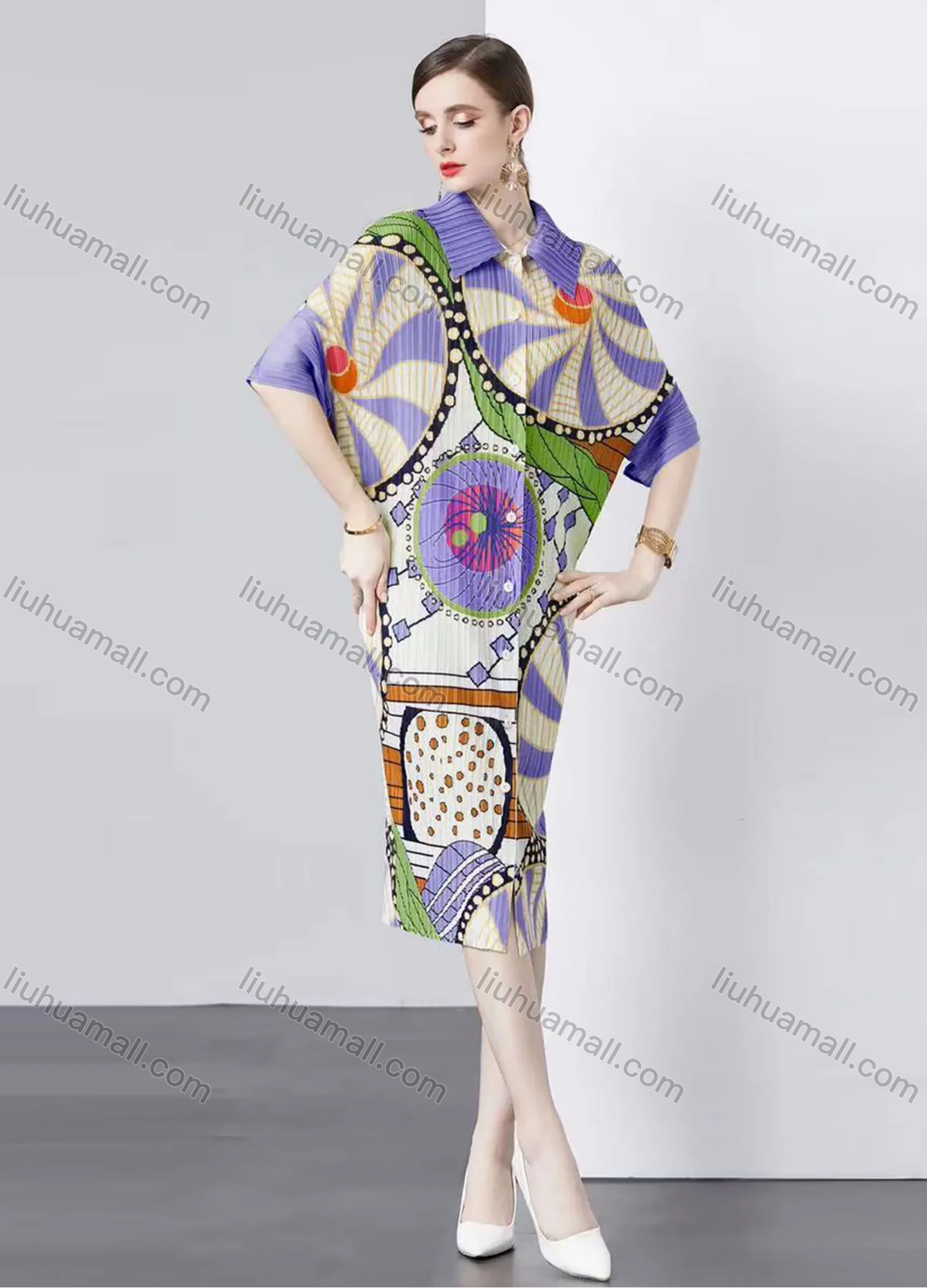 Wholesale Women's Casual Allover Print Graphic Collared Button Down Pleated Half Sleeve Midi Dress - Liuhuamall