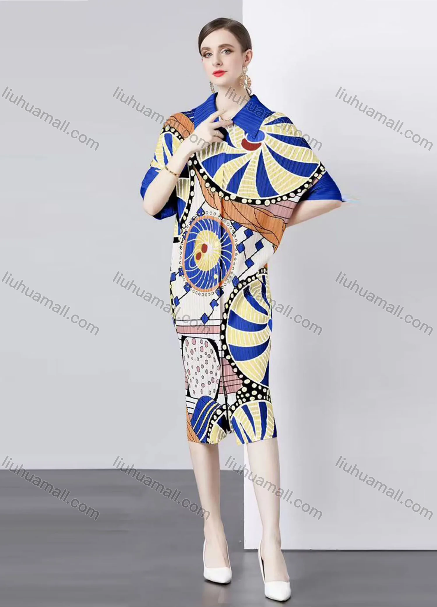 Wholesale Women's Casual Allover Print Graphic Collared Button Down Pleated Half Sleeve Midi Dress - Liuhuamall