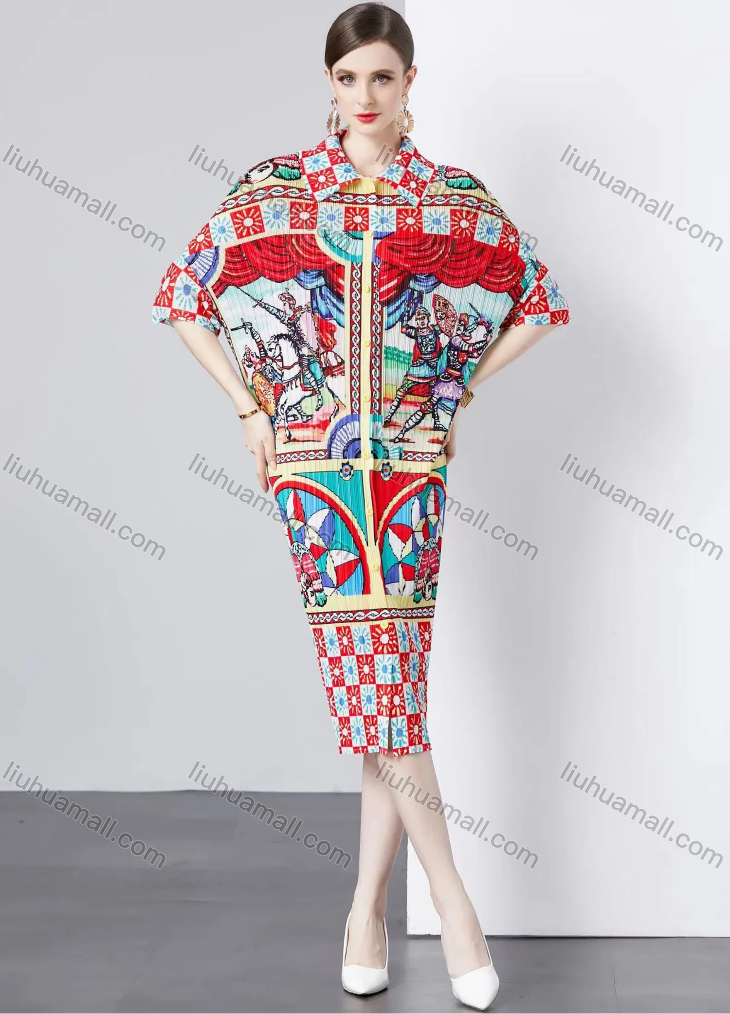Wholesale Women's Casual Allover Print Graphic Collared Button Down Pleated Half Sleeve Midi Dress - Liuhuamall