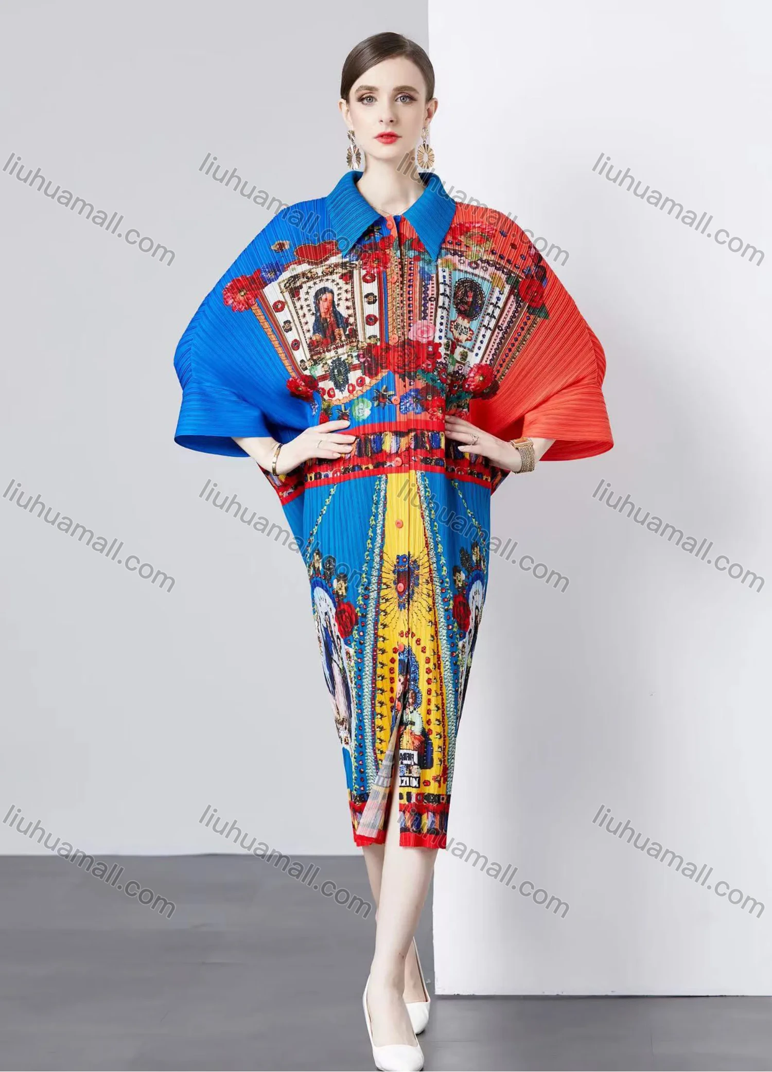 Wholesale Women's Casual Allover Print Graphic Collared Button Down Pleated Half Sleeve Midi Dress - Liuhuamall