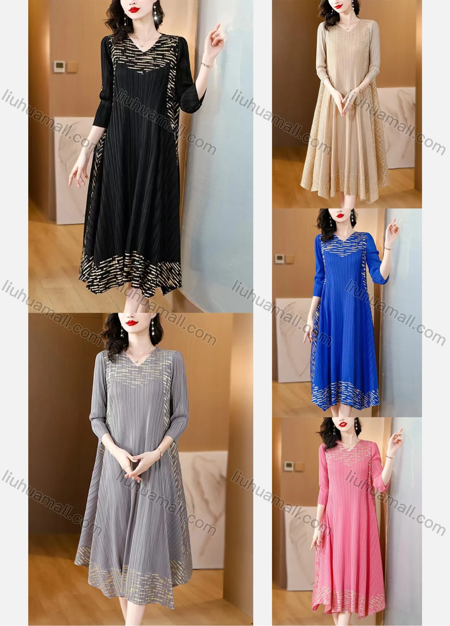Wholesale Women's Elegant V Neck Ribbed Striped Splicing Hanky Hem Long Sleeve Midi Dress - Liuhuamall