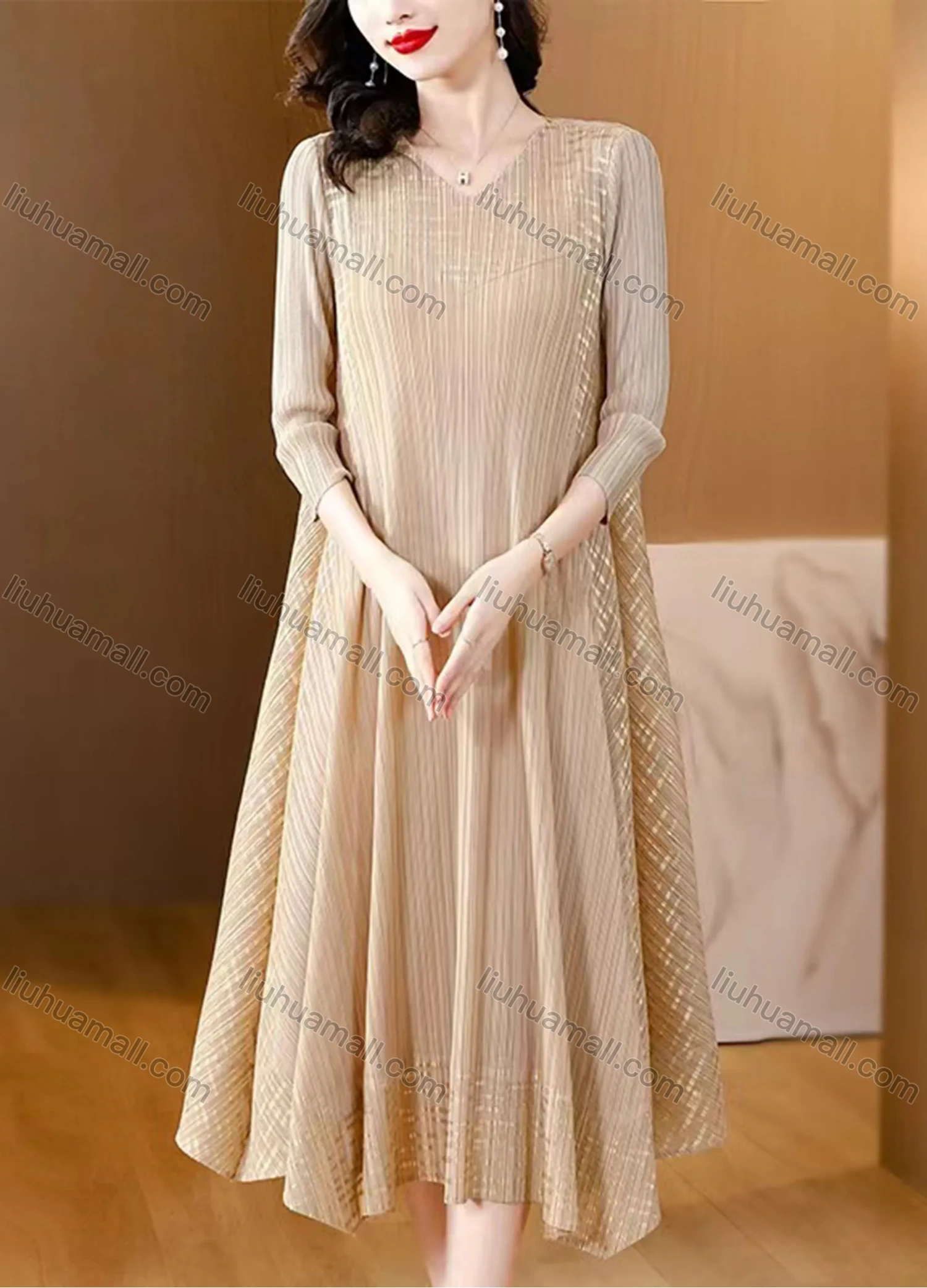 Wholesale Women's Elegant V Neck Ribbed Striped Splicing Hanky Hem Long Sleeve Midi Dress - Liuhuamall