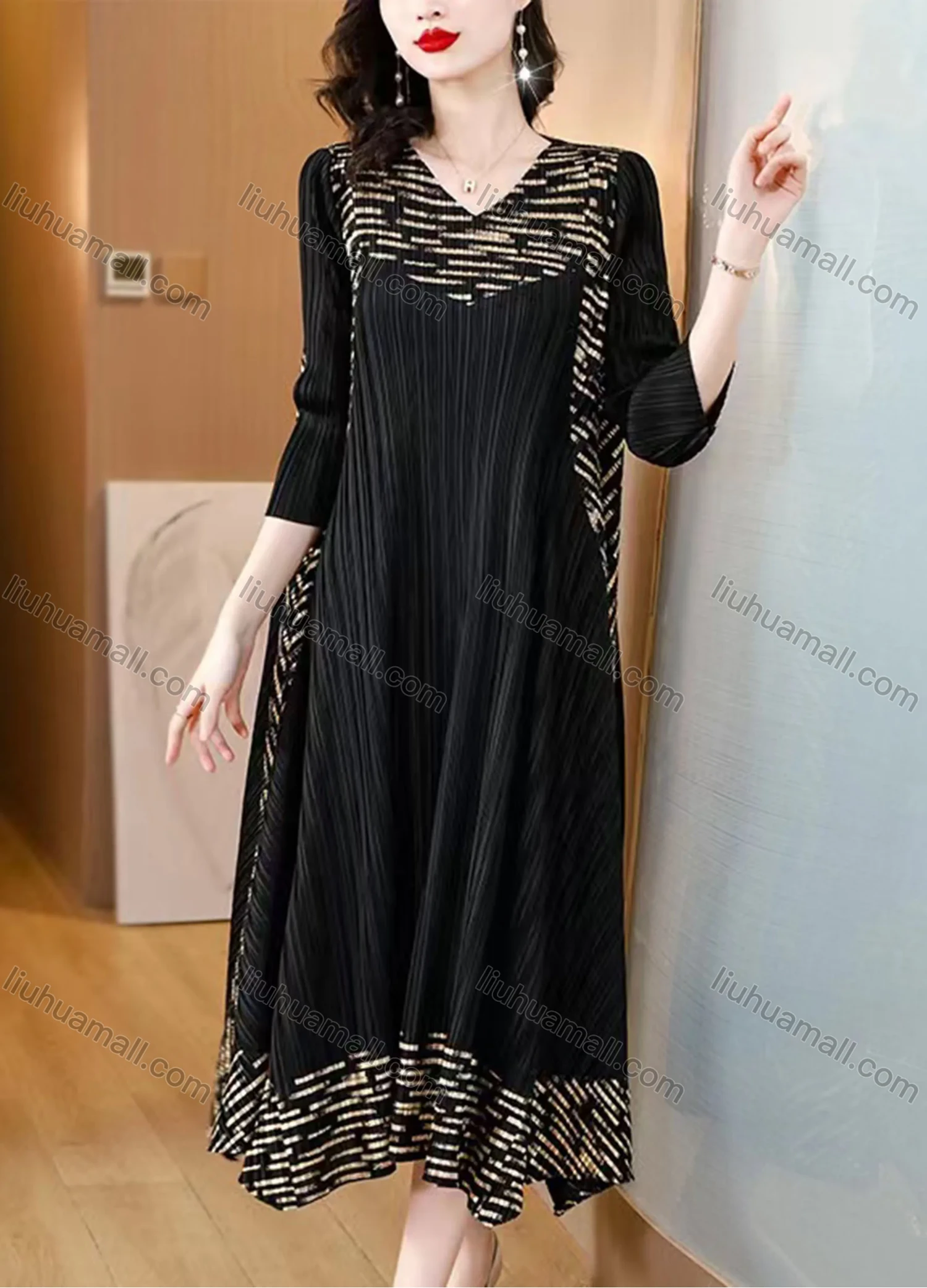 Wholesale Women's Elegant V Neck Ribbed Striped Splicing Hanky Hem Long Sleeve Midi Dress - Liuhuamall