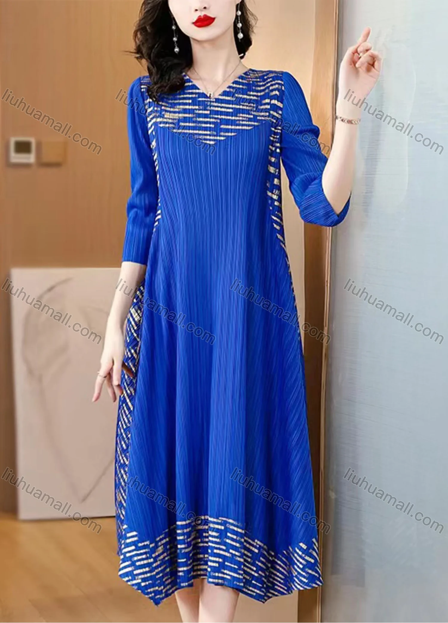 Wholesale Women's Elegant V Neck Ribbed Striped Splicing Hanky Hem Long Sleeve Midi Dress - Liuhuamall