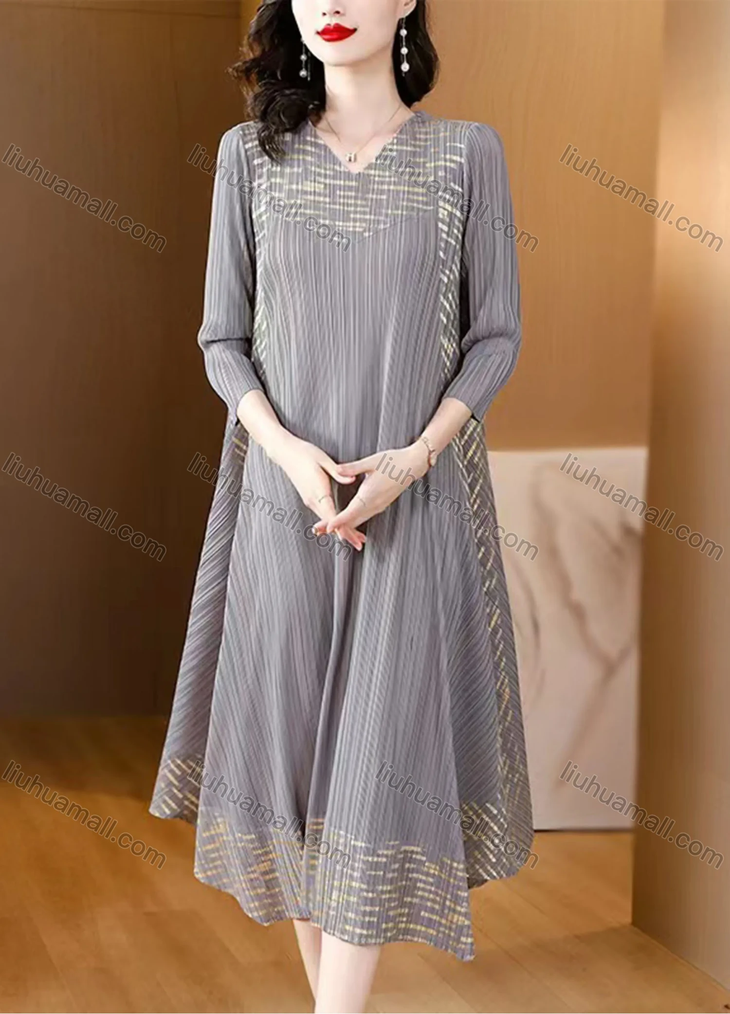 Wholesale Women's Elegant V Neck Ribbed Striped Splicing Hanky Hem Long Sleeve Midi Dress - Liuhuamall