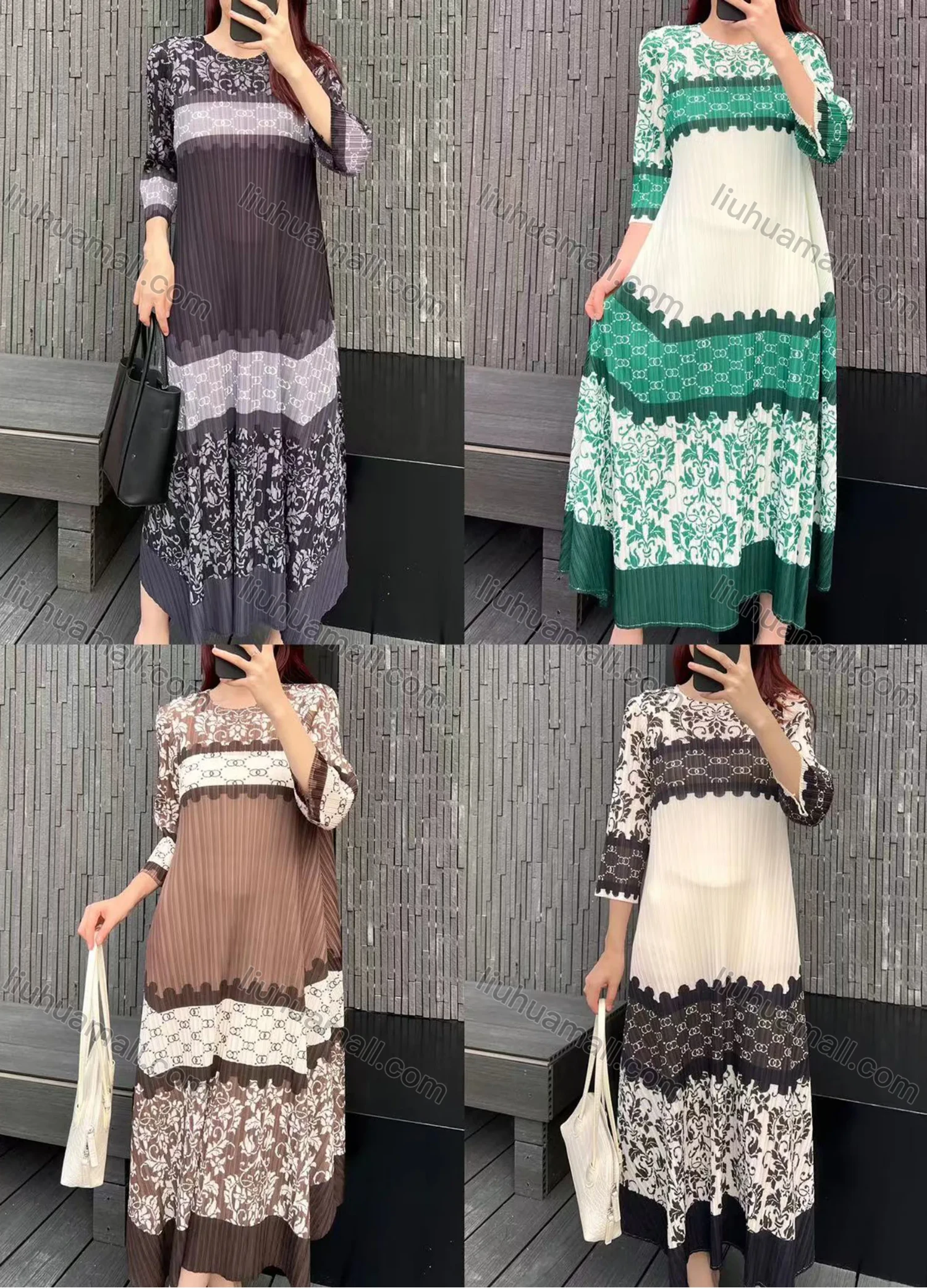 Wholesale Women's Casual Floral Splicing Crew Neck Ribbed 3/4 Sleeve Maxi Dress - Liuhuamall