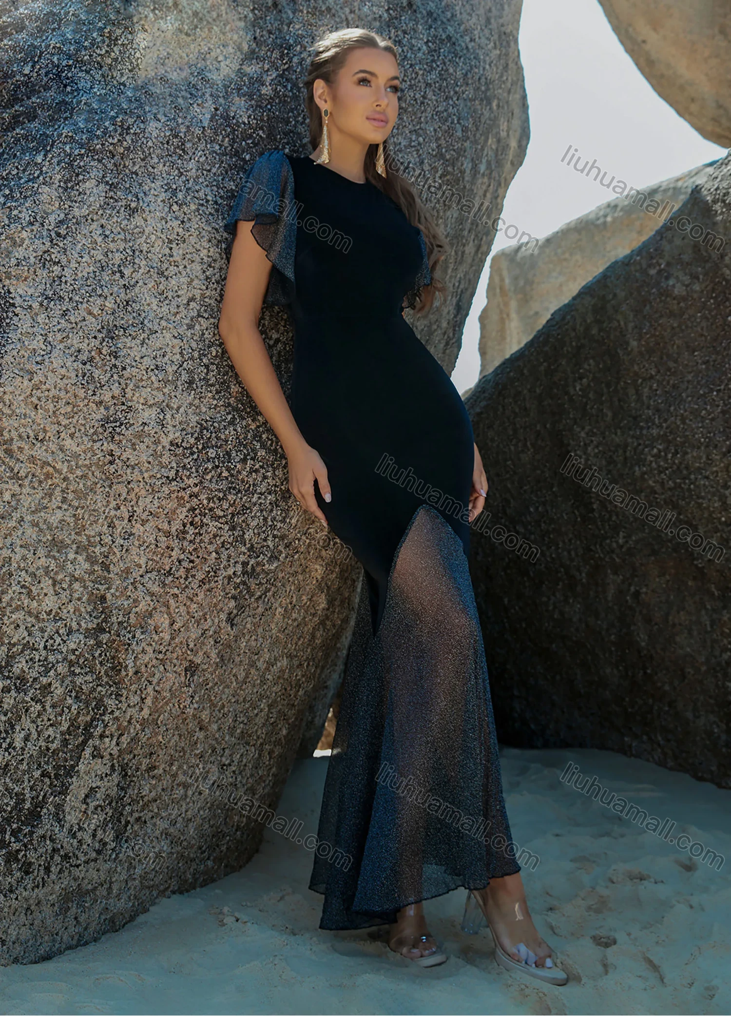 Wholesale Women's Elegant Fashion Plain Splicing Crew Neck Short Sleeve Bodycon Mermaid Cocktail Evening Maxi Dress - Liuhuamall