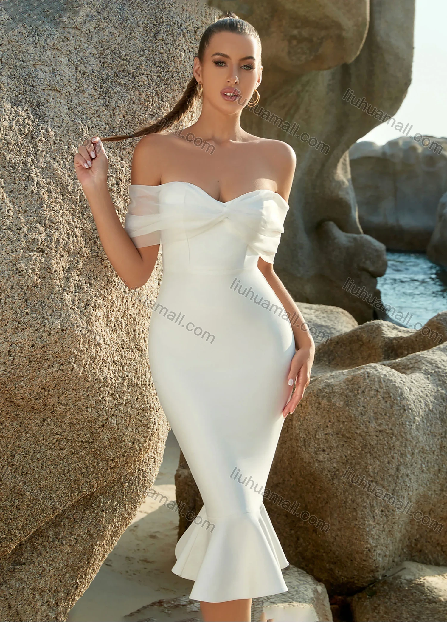 Wholesale Women's Elegant Fashion Plain Sheer Mesh Splicing Off Shoulder Ruffle Hem Bodycon Cocktail Evening Midi Dress - Liuhuamall