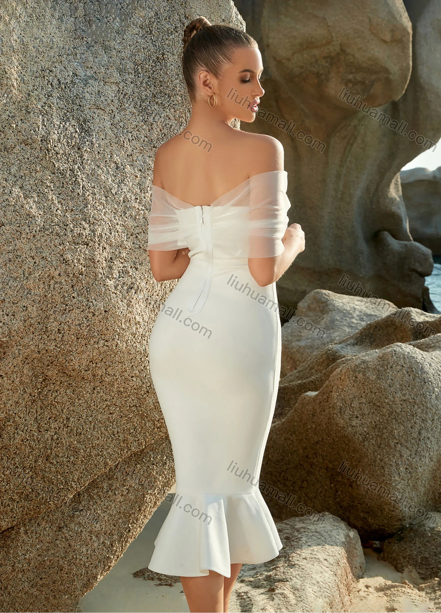 Wholesale Women's Elegant Fashion Plain Sheer Mesh Splicing Off Shoulder Ruffle Hem Bodycon Cocktail Evening Midi Dress - Liuhuamall