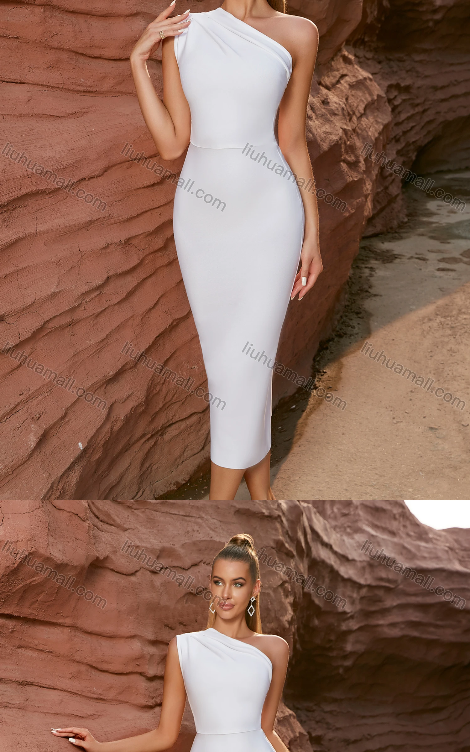 Wholesale Women's One Shoulder Glamorous Plain Slit Hem Midi Cocktail Dress - Liuhuamall