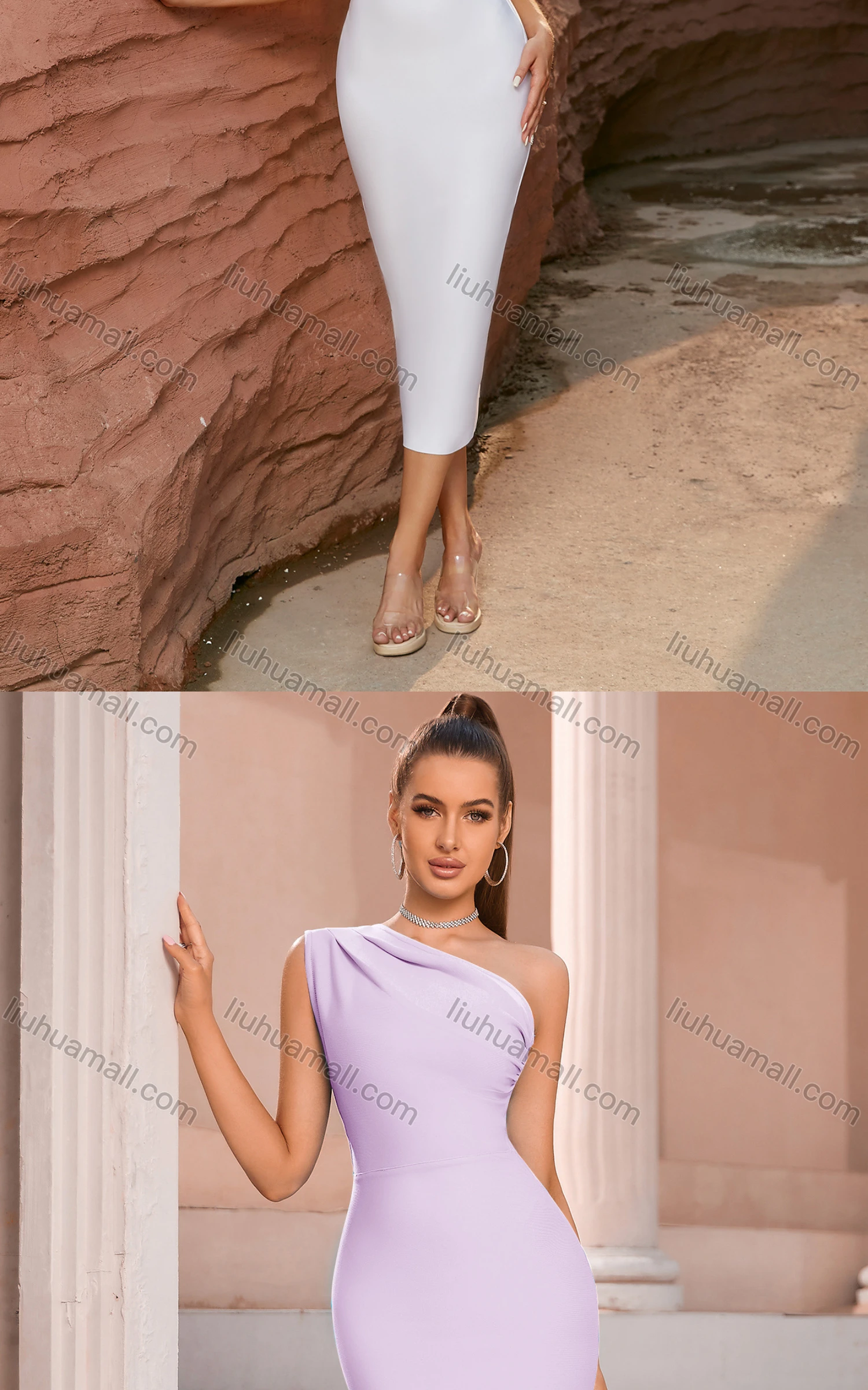 Wholesale Women's One Shoulder Glamorous Plain Slit Hem Midi Cocktail Dress - Liuhuamall