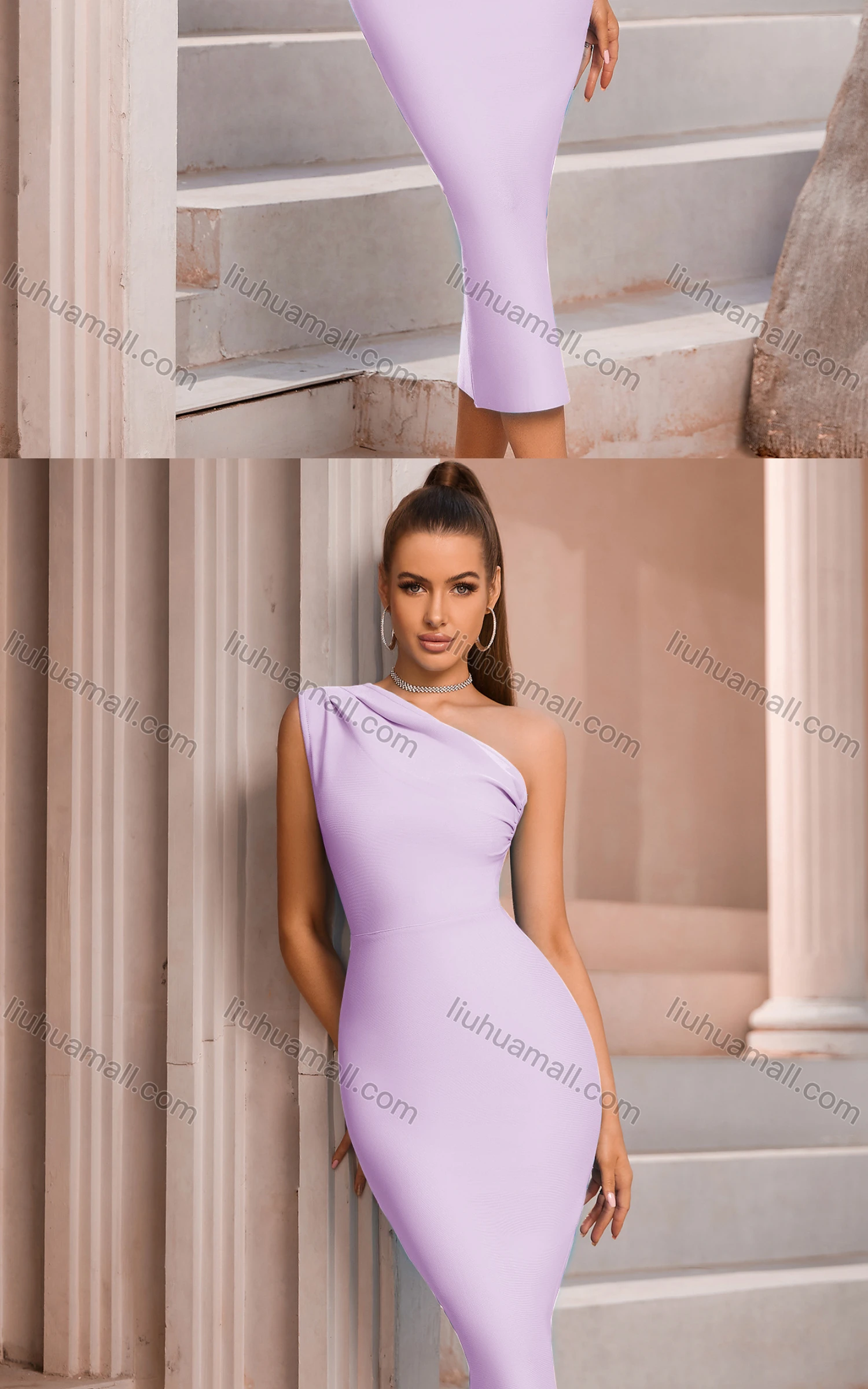 Wholesale Women's One Shoulder Glamorous Plain Slit Hem Midi Cocktail Dress - Liuhuamall