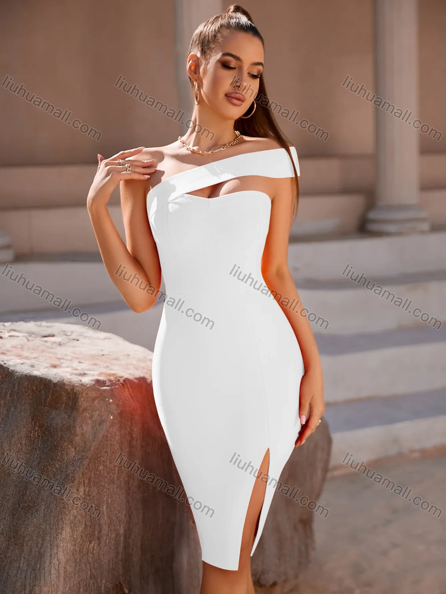 Wholesale Women's Asymmetrical One Shoulder Glamorous Plain Slit Hem Knee Length Sexy Cocktail Dress - Liuhuamall