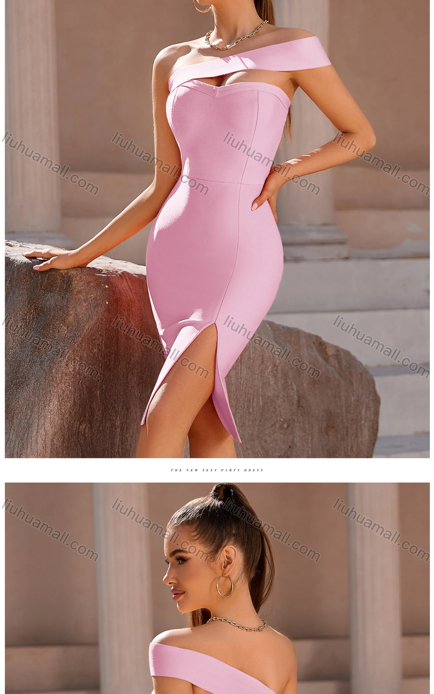 Wholesale Women's Asymmetrical One Shoulder Glamorous Plain Slit Hem Knee Length Sexy Cocktail Dress - Liuhuamall