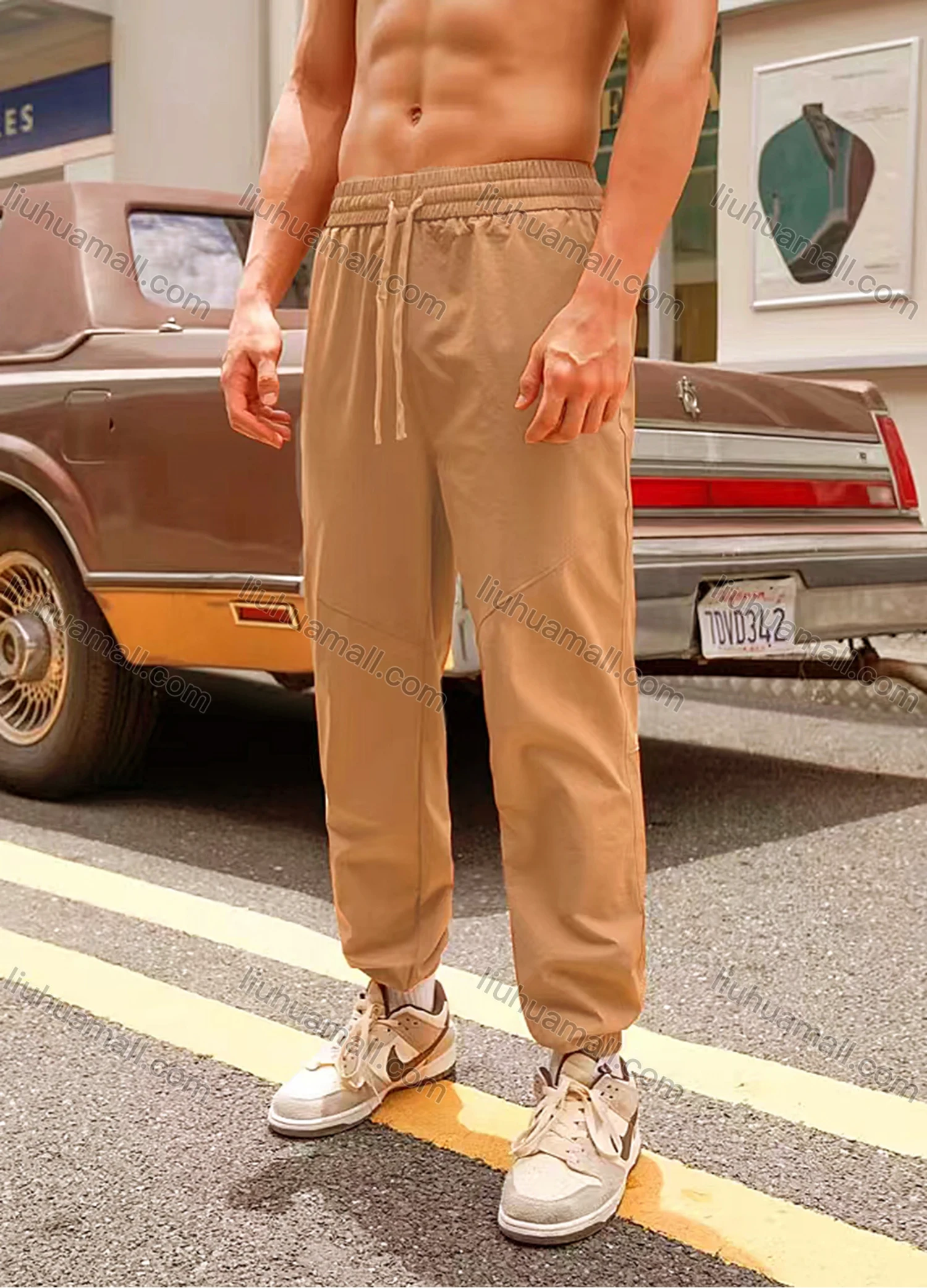 Wholesale Men's Sporty Plain Drawstring 100%Cotton Patch Pocket Elastic Waist Sweatpants K001# - Liuhuamall