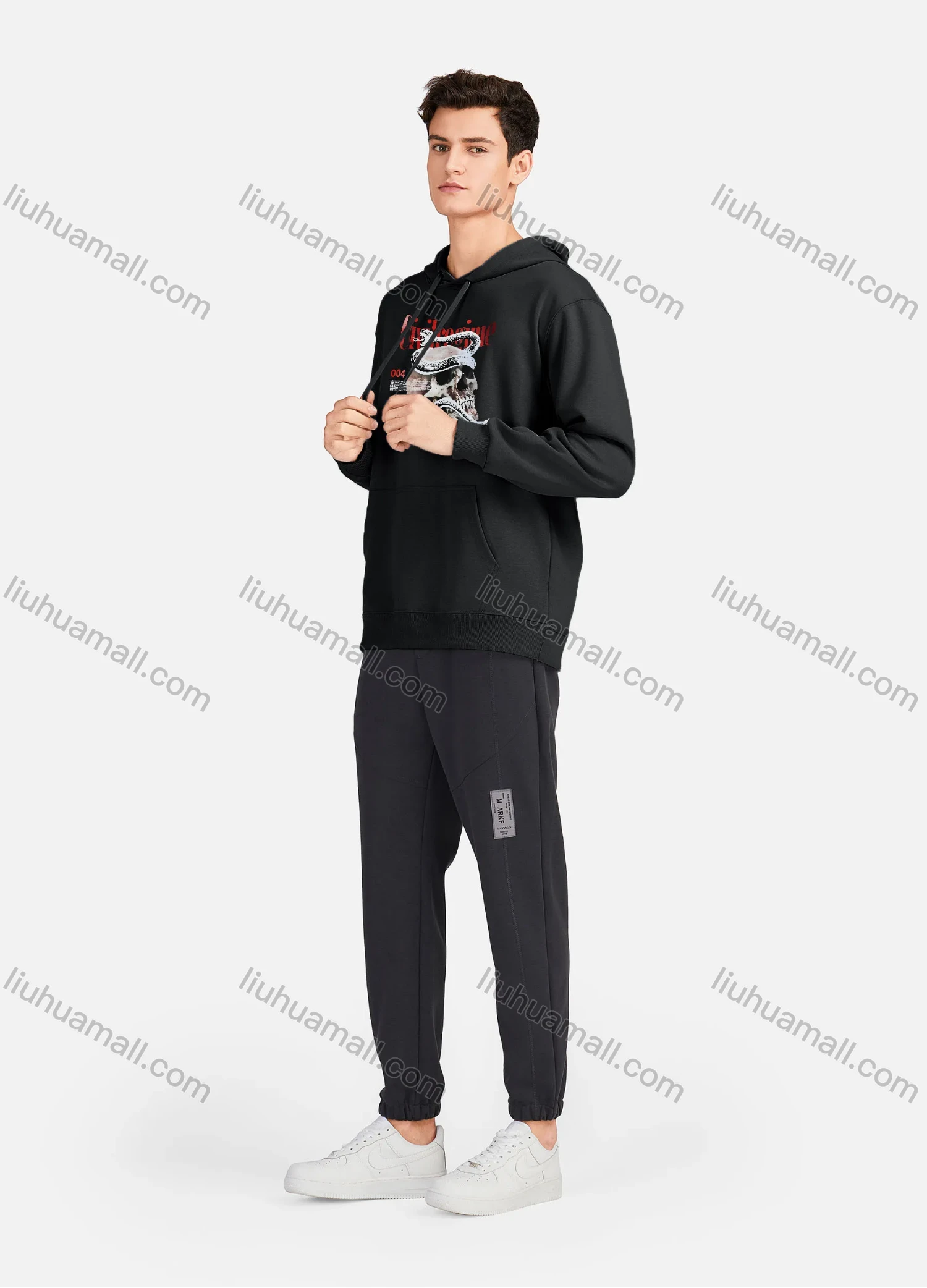 Wholesale Men's Casual 100%Cotton Letter Skull Graphic Hoodies Drawstring Sweatshirts With Kangaroo Pocket LF30-6# - Liuhuamall