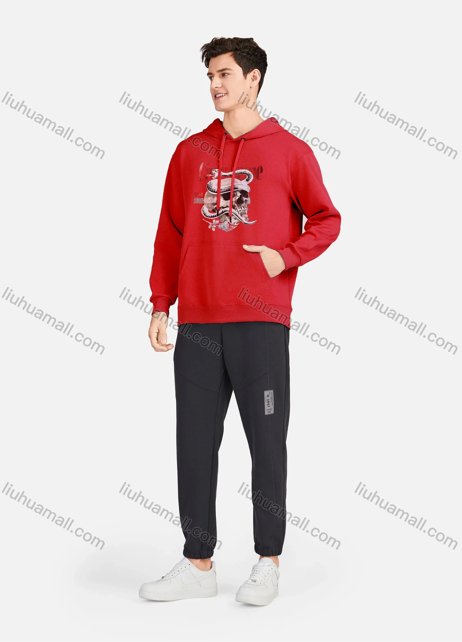 Wholesale Men's Casual 100%Cotton Letter Skull Graphic Hoodies Drawstring Sweatshirts With Kangaroo Pocket LF30-6# - Liuhuamall