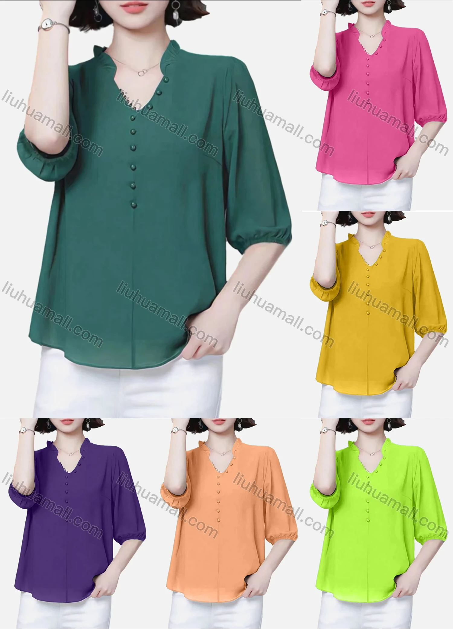Wholesale Women's Casual Plain Notched Ruffle Trim Pearl Decor Half Sleeve Blouse - Liuhuamall