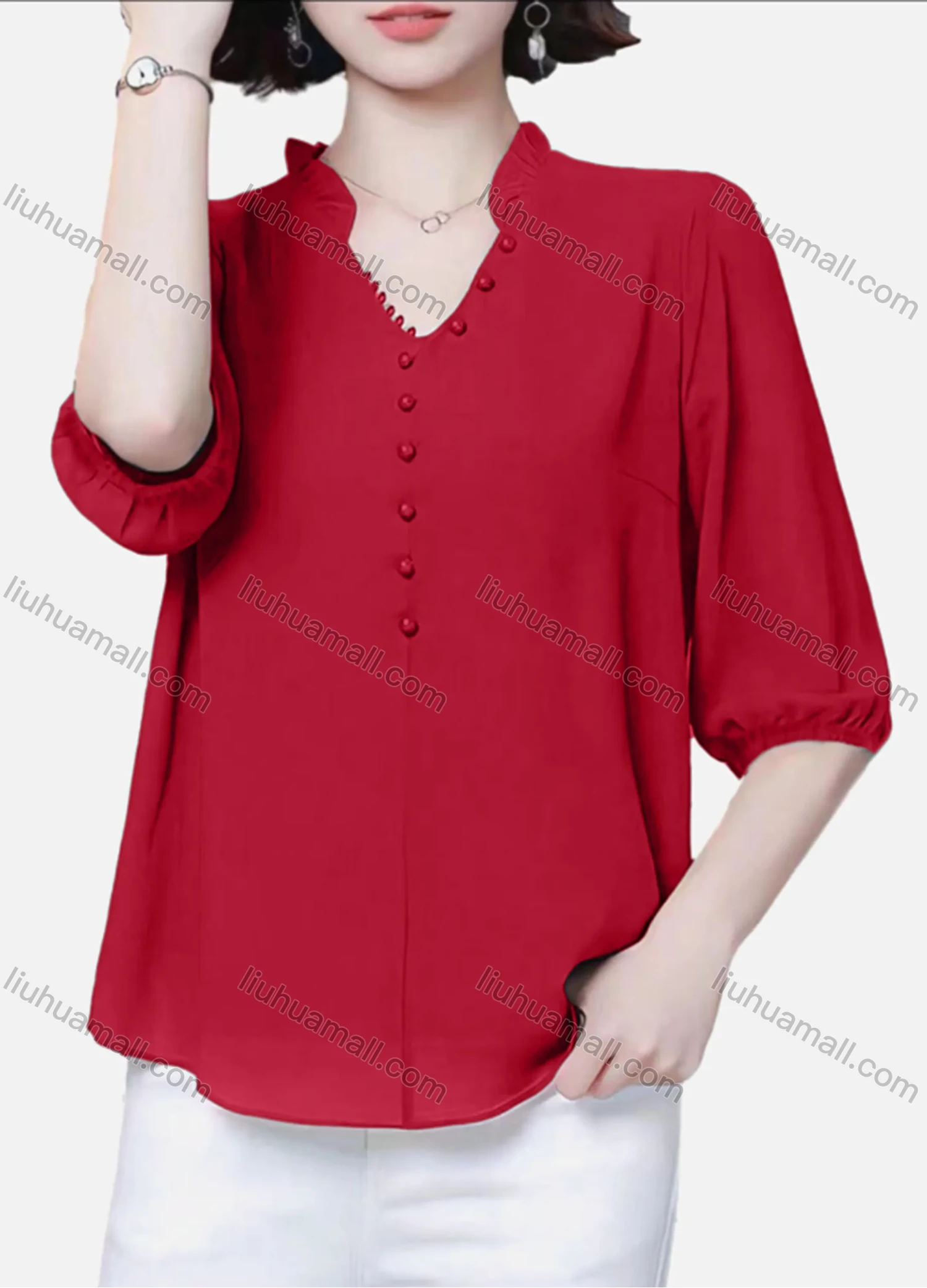 Wholesale Women's Casual Plain Notched Ruffle Trim Pearl Decor Half Sleeve Blouse - Liuhuamall
