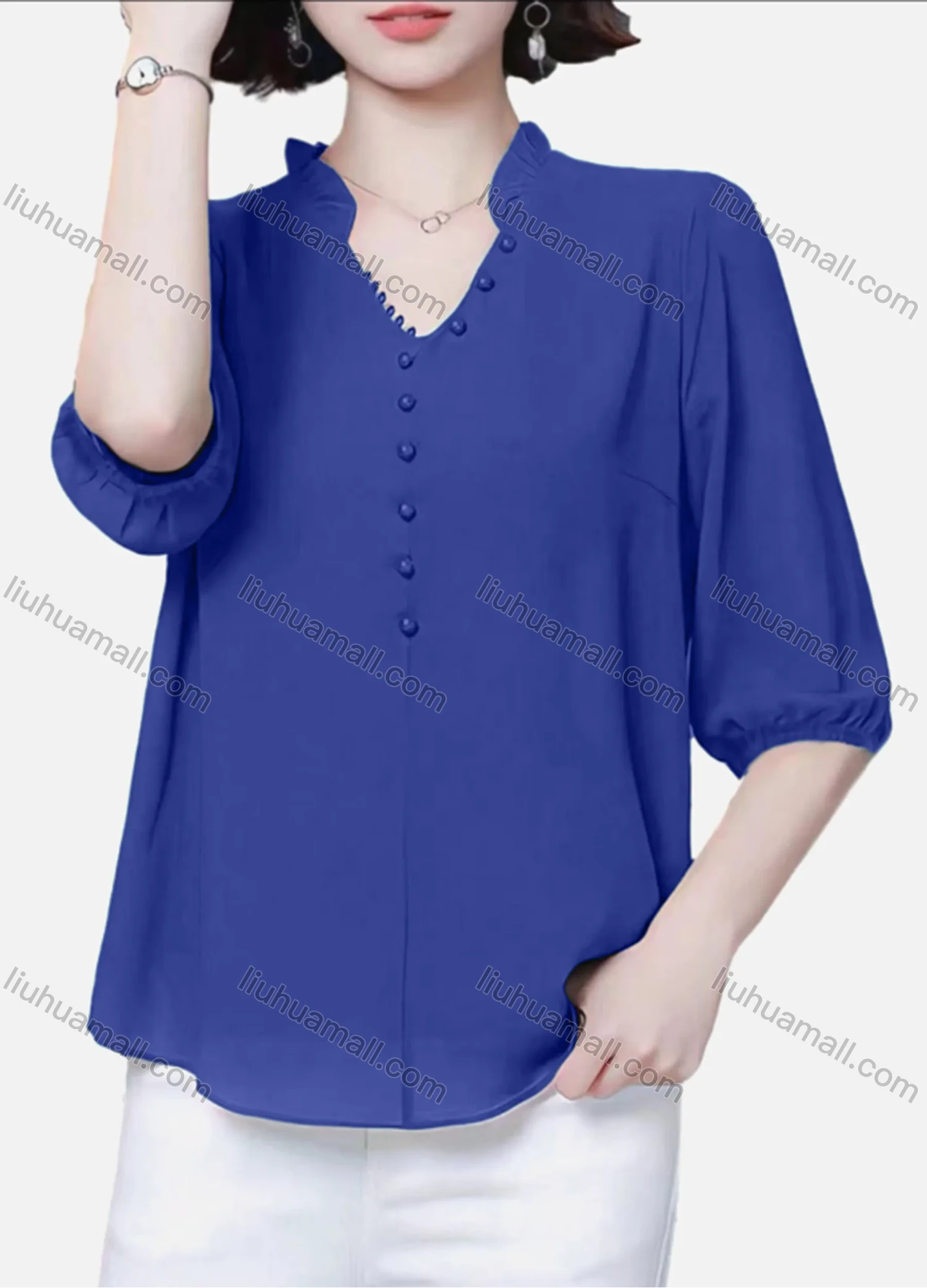 Wholesale Women's Casual Plain Notched Ruffle Trim Pearl Decor Half Sleeve Blouse - Liuhuamall