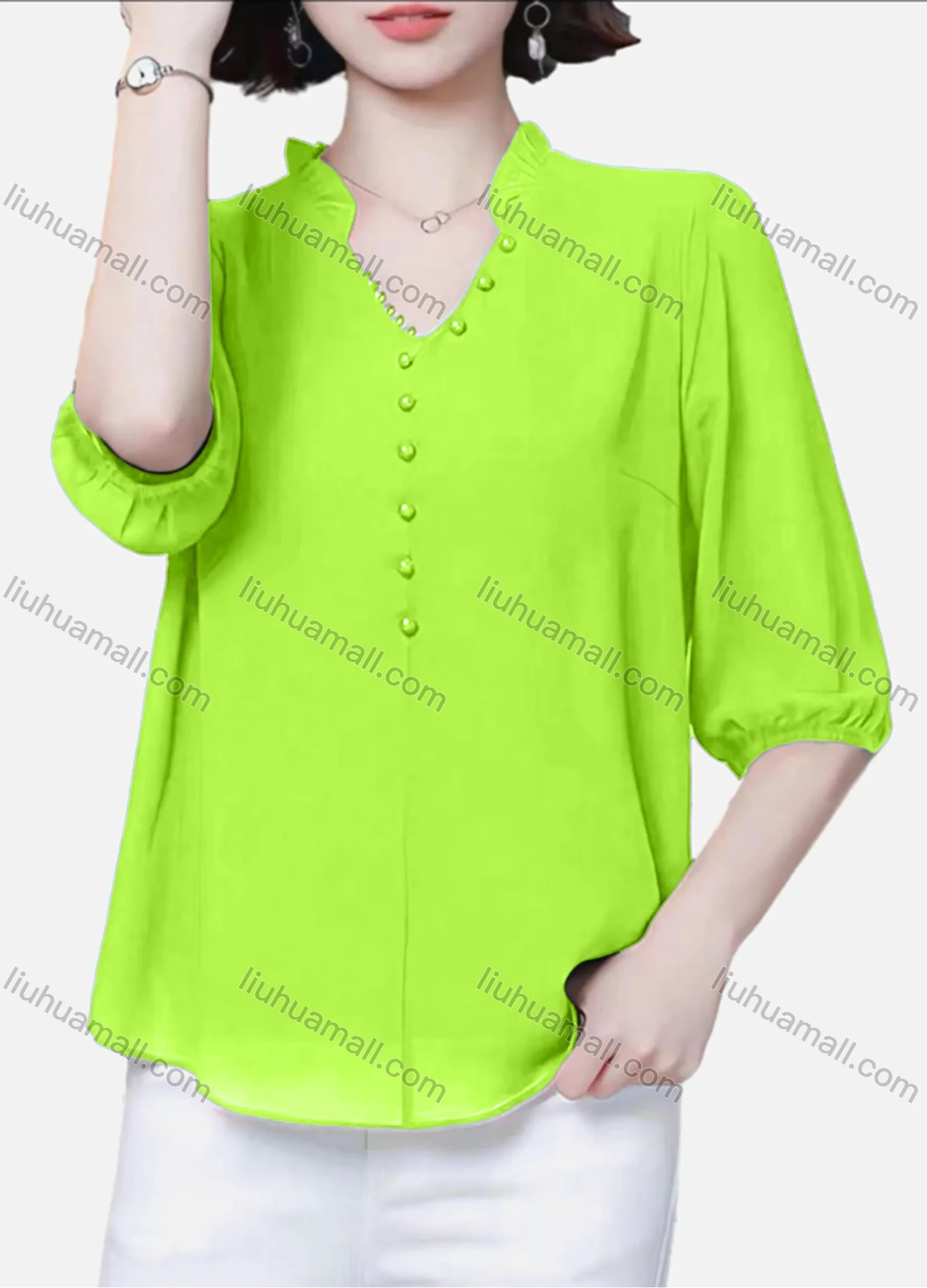 Wholesale Women's Casual Plain Notched Ruffle Trim Pearl Decor Half Sleeve Blouse - Liuhuamall