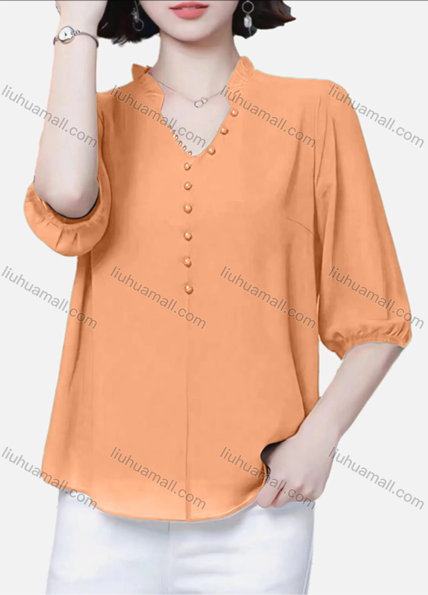 Wholesale Women's Casual Plain Notched Ruffle Trim Pearl Decor Half Sleeve Blouse - Liuhuamall