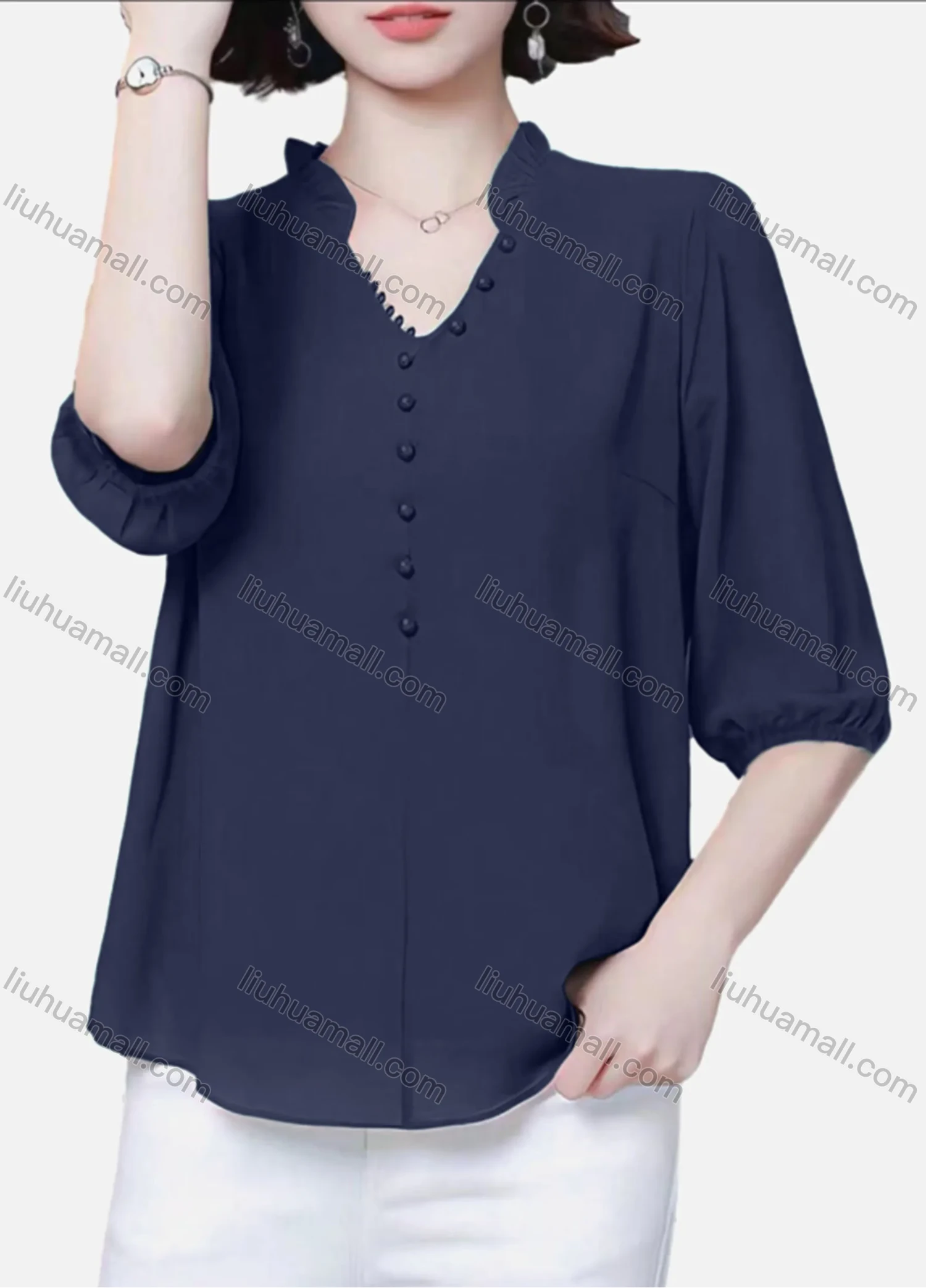 Wholesale Women's Casual Plain Notched Ruffle Trim Pearl Decor Half Sleeve Blouse - Liuhuamall