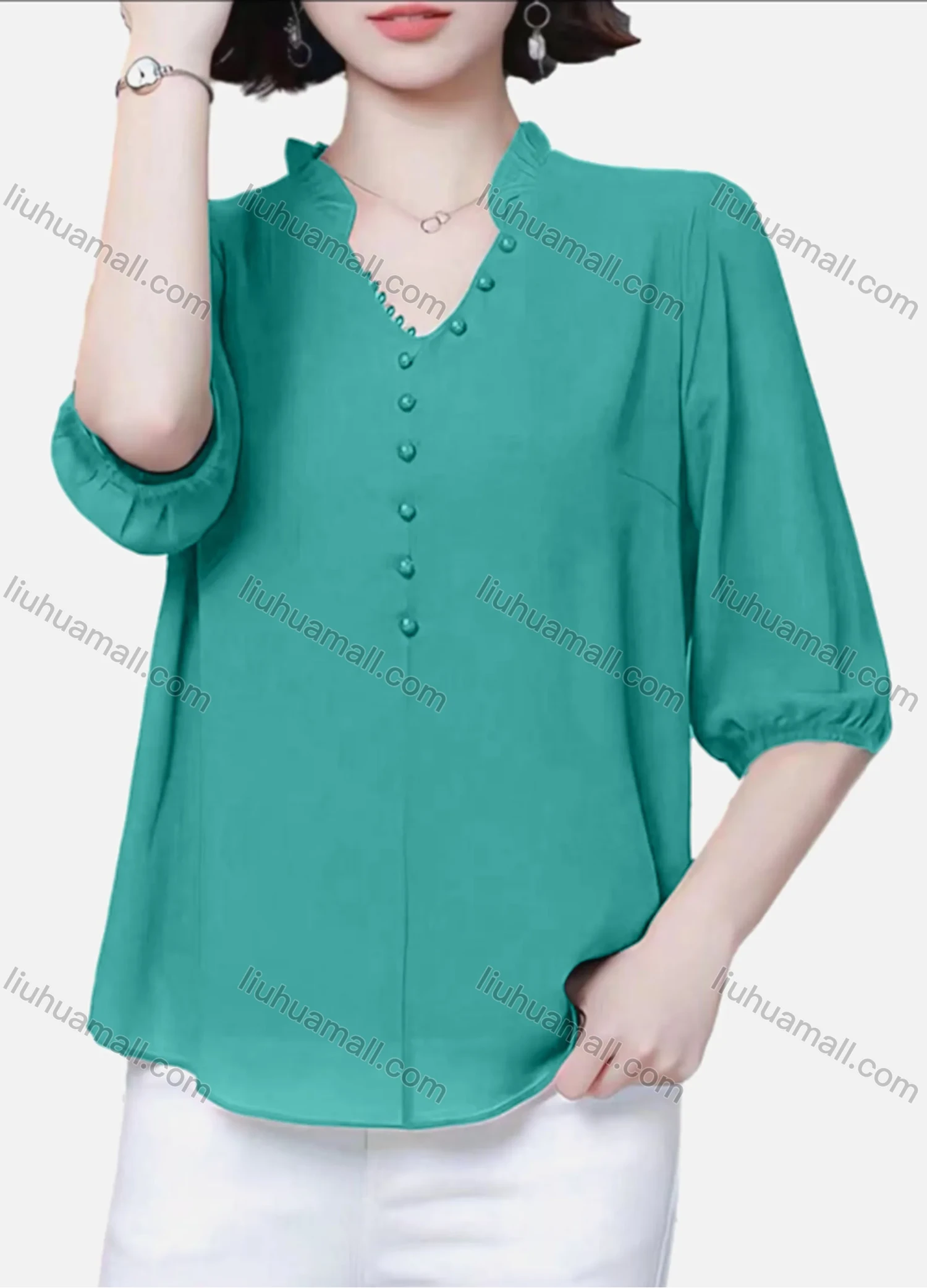 Wholesale Women's Casual Plain Notched Ruffle Trim Pearl Decor Half Sleeve Blouse - Liuhuamall