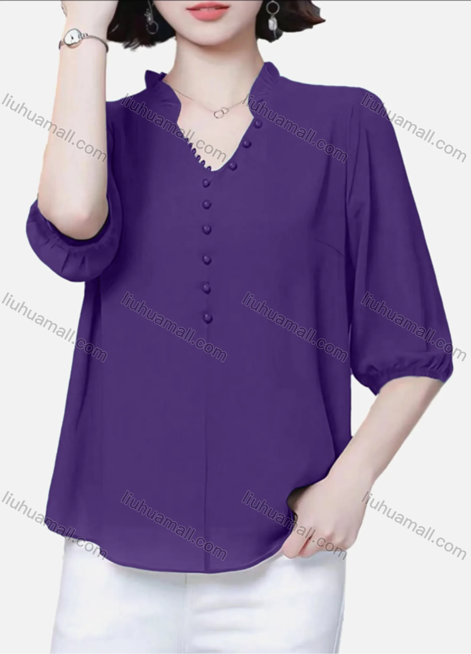 Wholesale Women's Casual Plain Notched Ruffle Trim Pearl Decor Half Sleeve Blouse - Liuhuamall