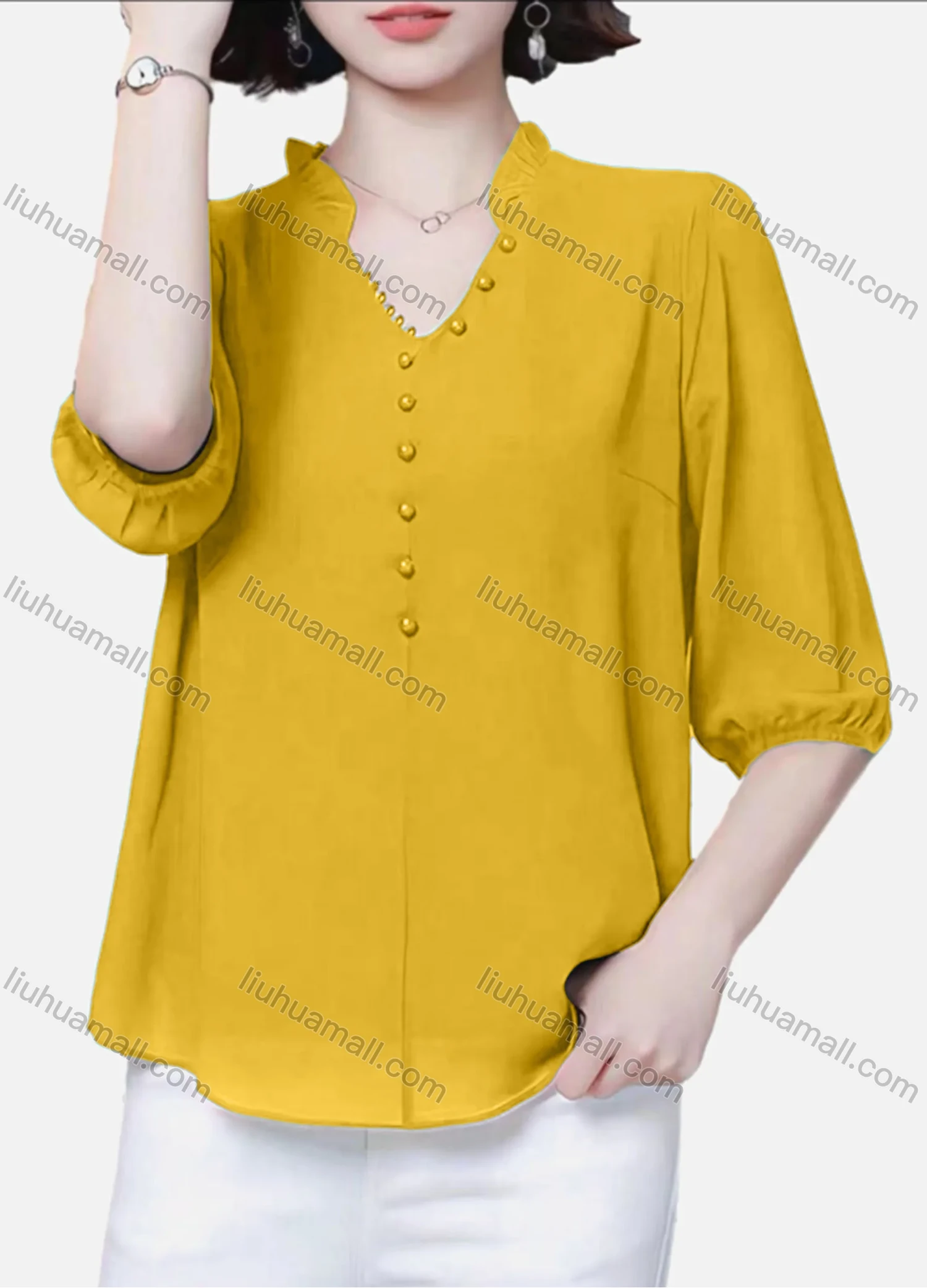 Wholesale Women's Casual Plain Notched Ruffle Trim Pearl Decor Half Sleeve Blouse - Liuhuamall