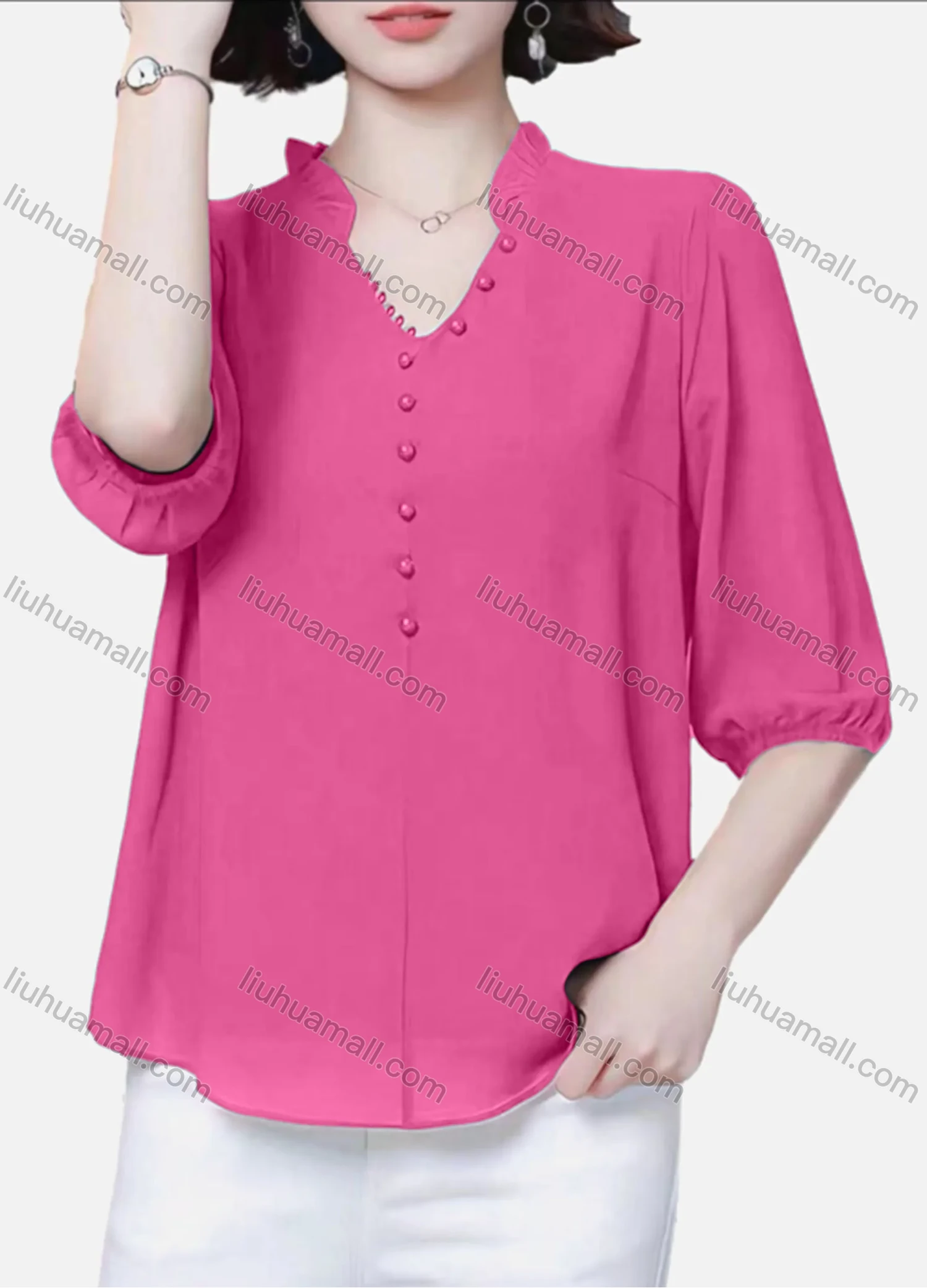 Wholesale Women's Casual Plain Notched Ruffle Trim Pearl Decor Half Sleeve Blouse - Liuhuamall