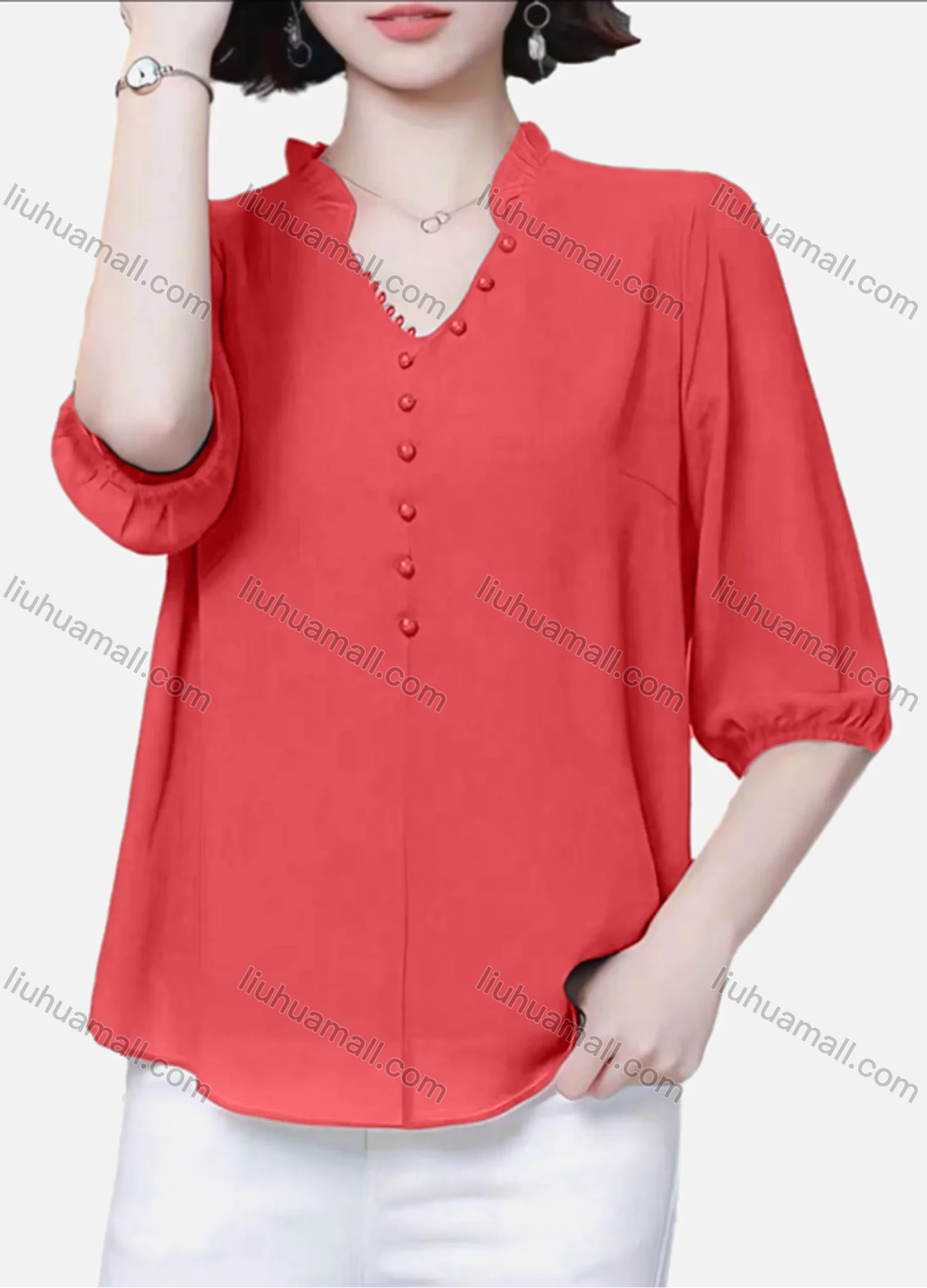 Wholesale Women's Casual Plain Notched Ruffle Trim Pearl Decor Half Sleeve Blouse - Liuhuamall