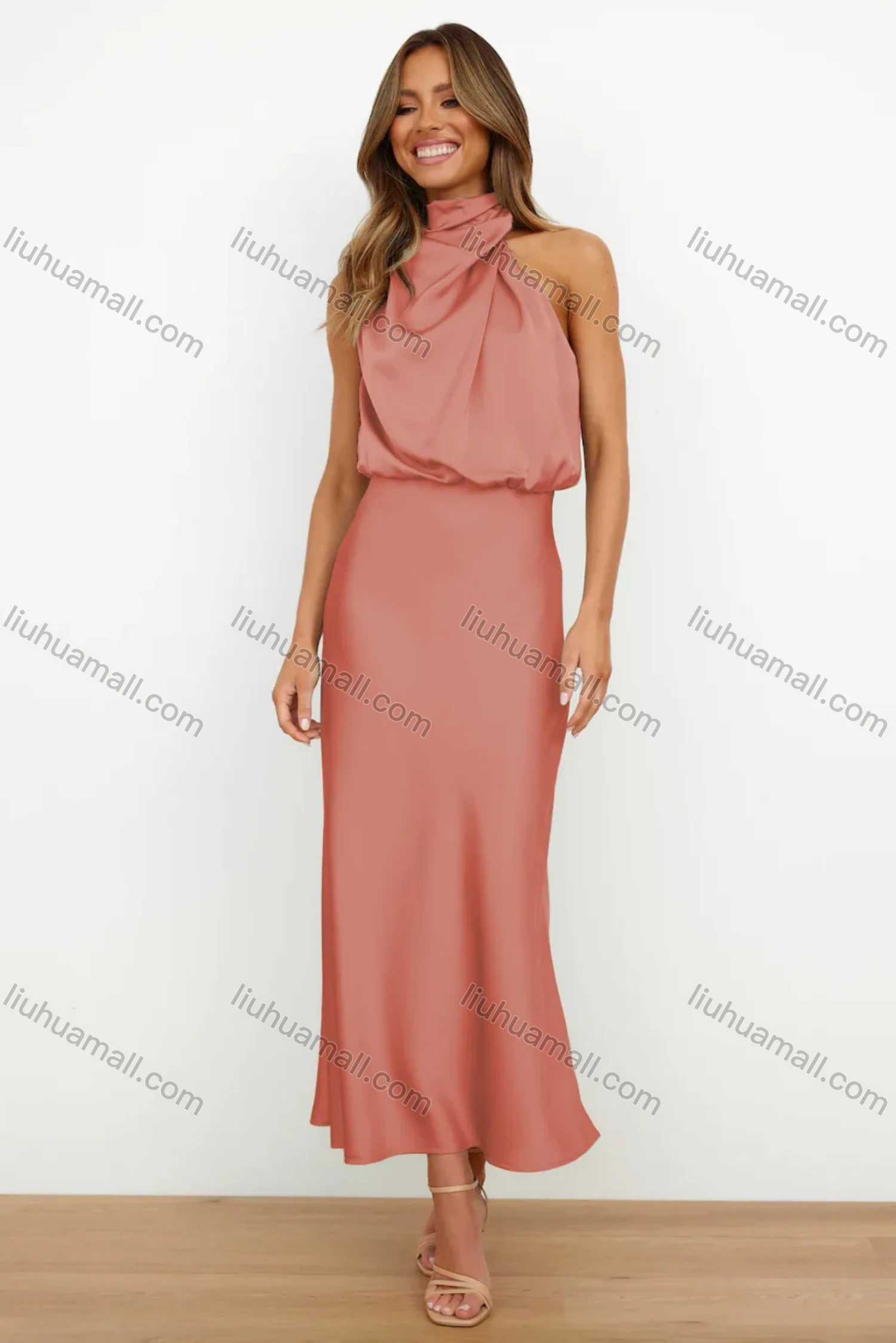 Wholesale Women's Satin Sleeveless Elegant Halter Fashion High Waist Midi Dress - Liuhuamall