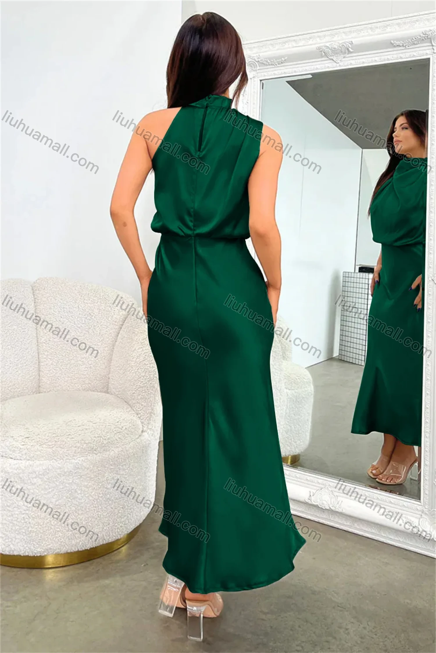 Wholesale Women's Satin Sleeveless Elegant Halter Fashion High Waist Midi Dress - Liuhuamall