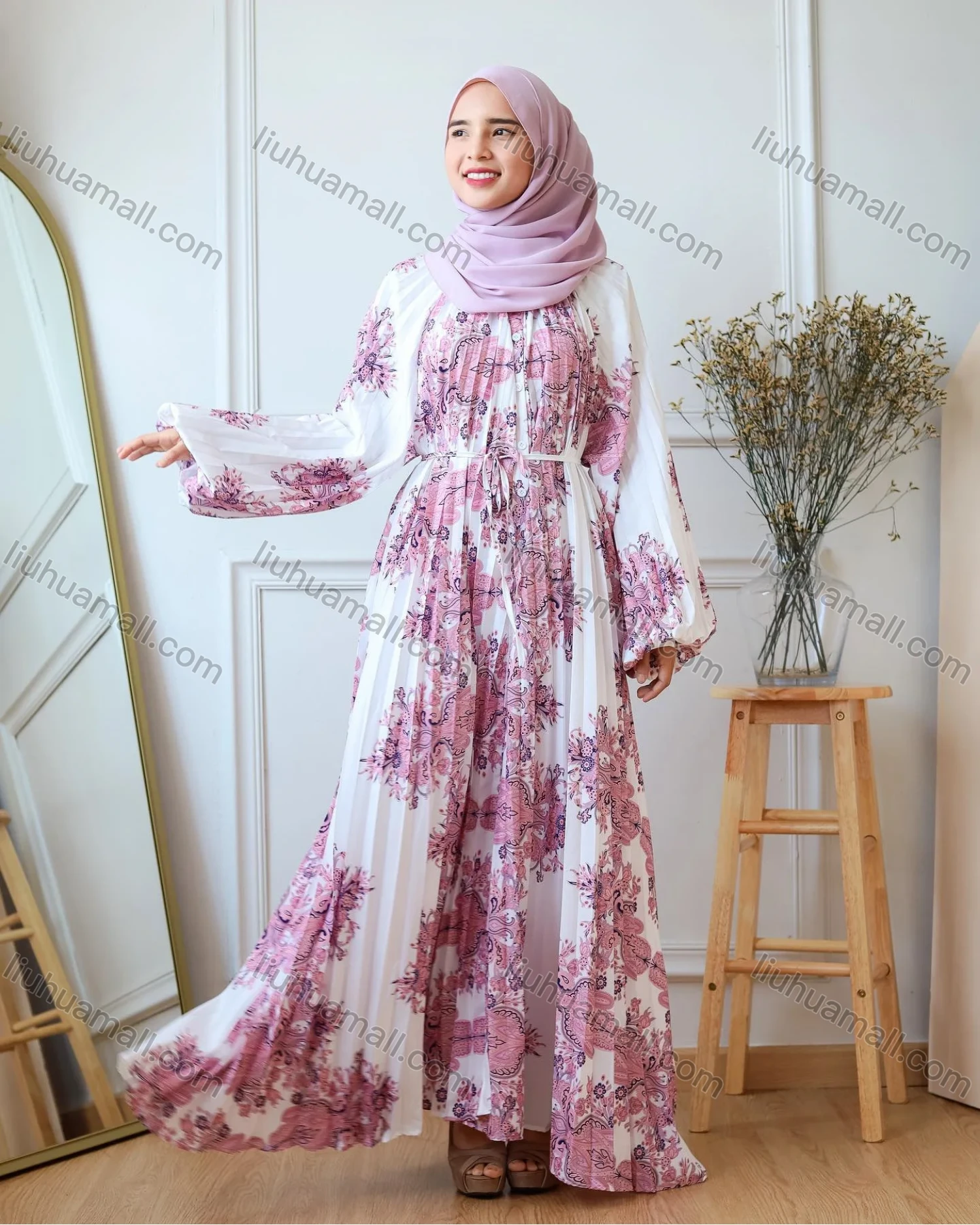 Wholesale Women's Lantern Sleeve High Waist Pleated Islamic Muslim Maxi Dress - Liuhuamall