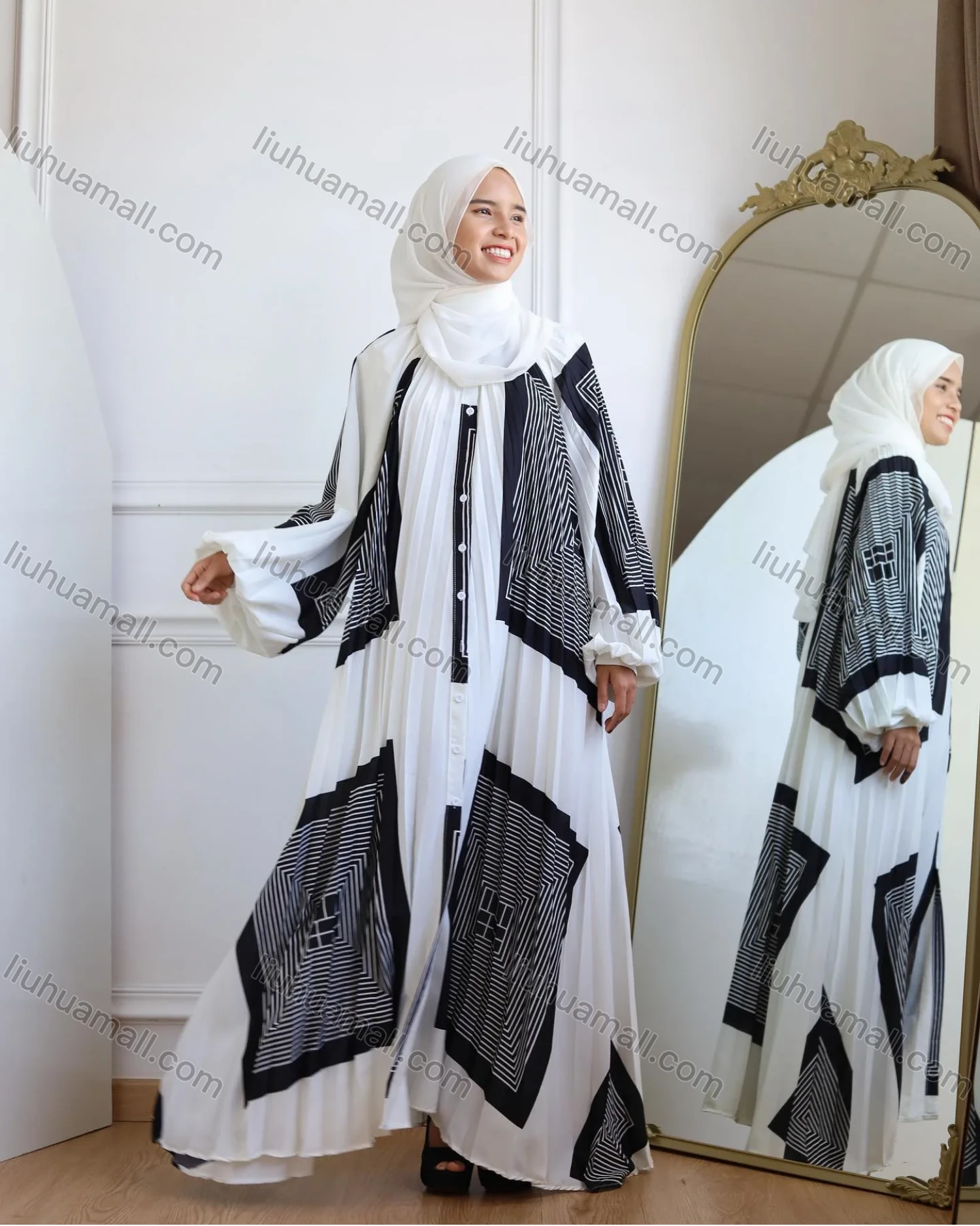 Wholesale Women's Lantern Sleeve High Waist Pleated Islamic Muslim Maxi Dress - Liuhuamall