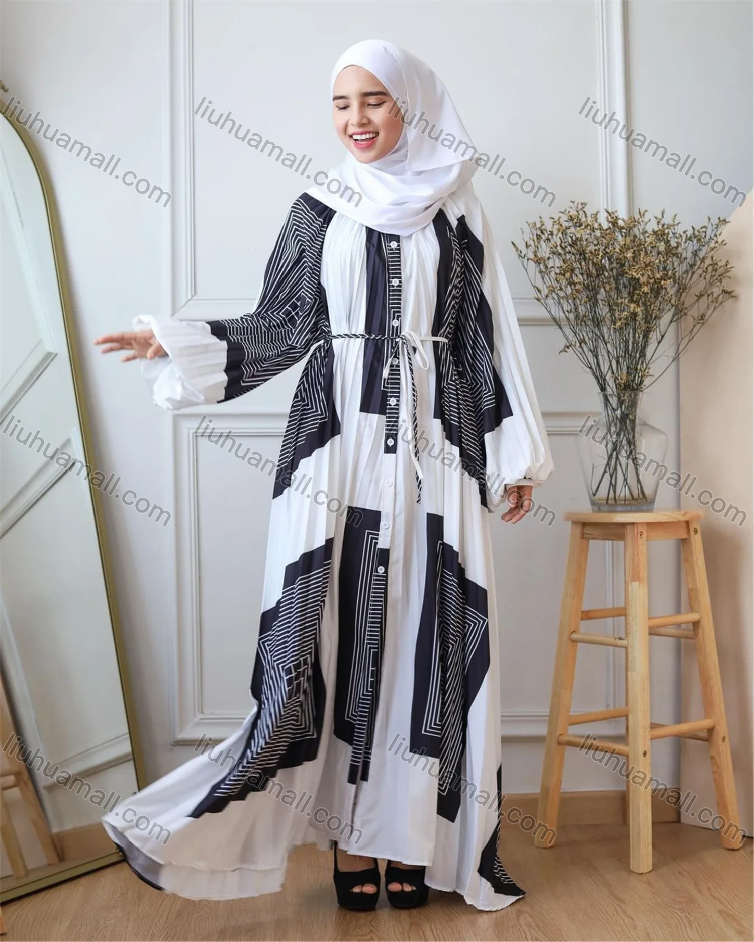 Wholesale Women's Lantern Sleeve High Waist Pleated Islamic Muslim Maxi Dress - Liuhuamall