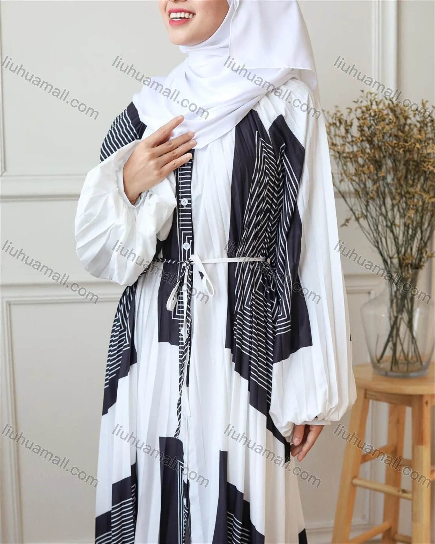 Wholesale Women's Lantern Sleeve High Waist Pleated Islamic Muslim Maxi Dress - Liuhuamall