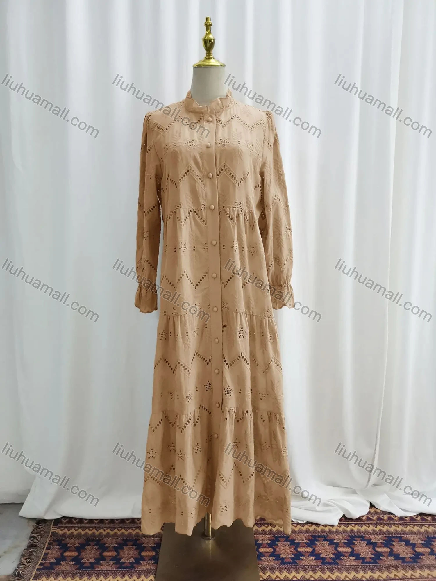 Wholesale Women's Elegant Guipure Lace High Waist Ruffle Trim Islamic Muslim Midi Dress - Liuhuamall