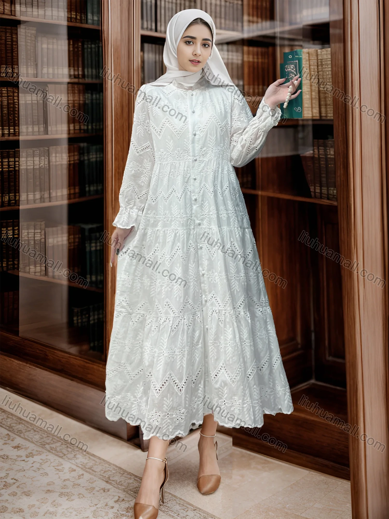 Wholesale Women's Elegant Guipure Lace High Waist Ruffle Trim Islamic Muslim Midi Dress - Liuhuamall