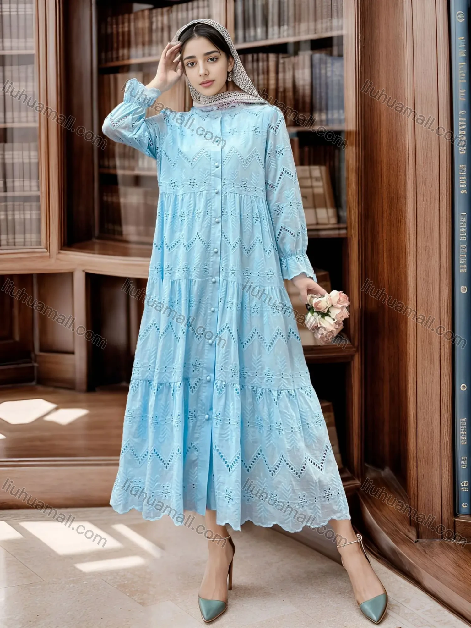 Wholesale Women's Elegant Guipure Lace High Waist Ruffle Trim Islamic Muslim Midi Dress - Liuhuamall